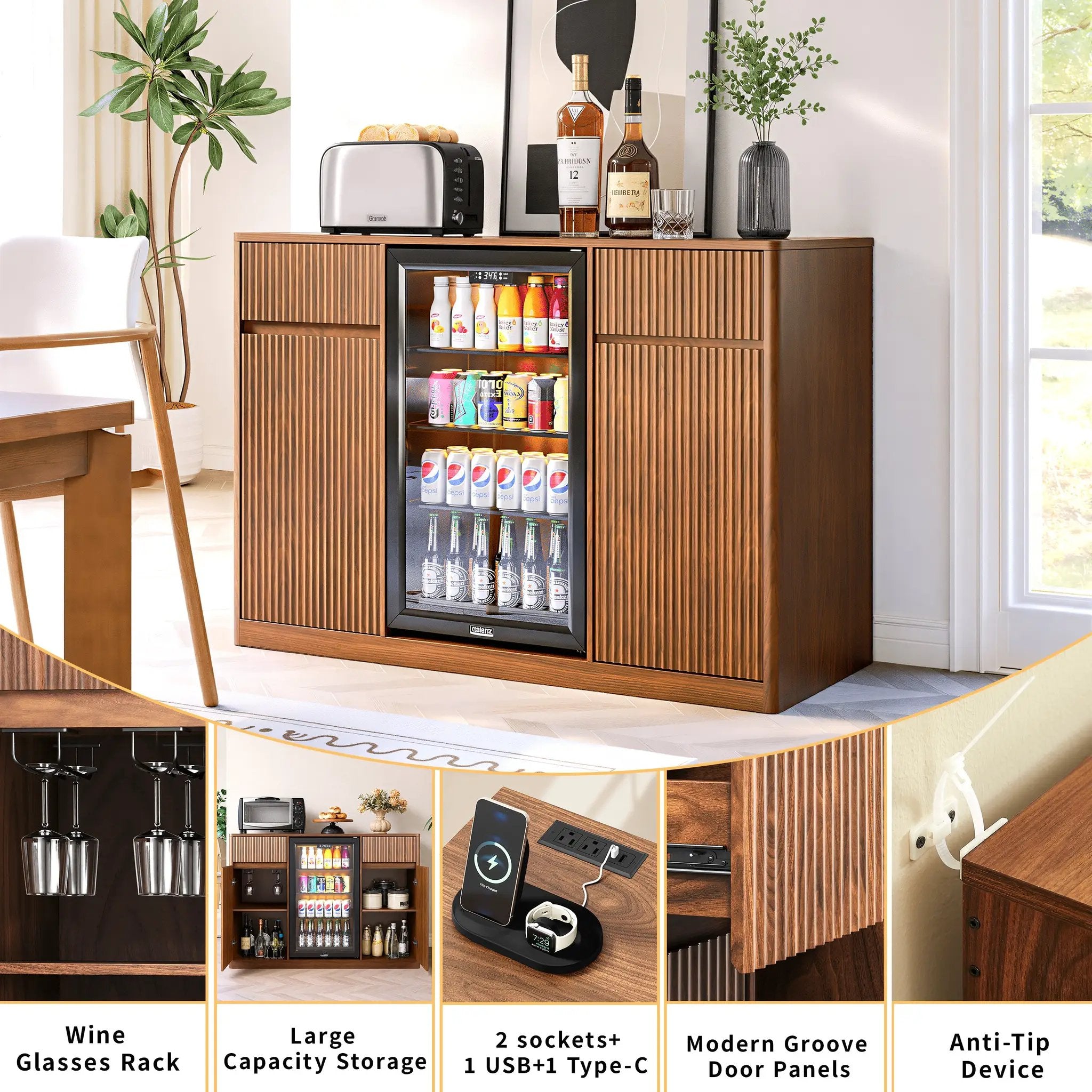 53.2" Fluted Buffet Wine Cabinet with Mini Fridge Nook by HouseOfZazla