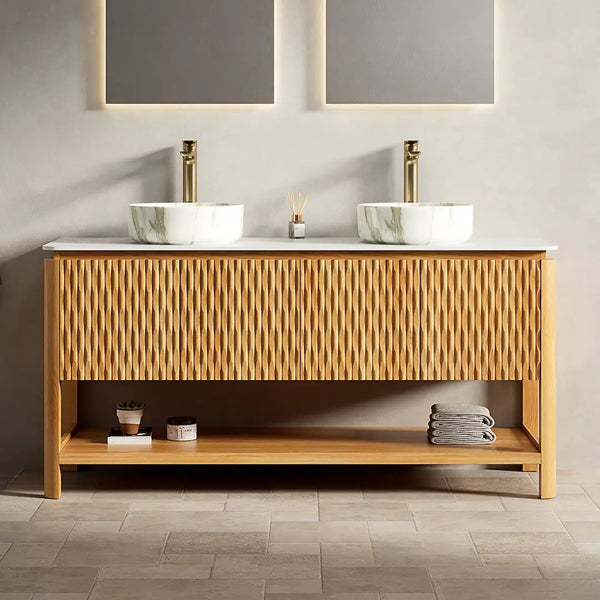 SHARMA 60" Bathroom Vanity & Sinks - Freestanding Plywood Storage Cabinet