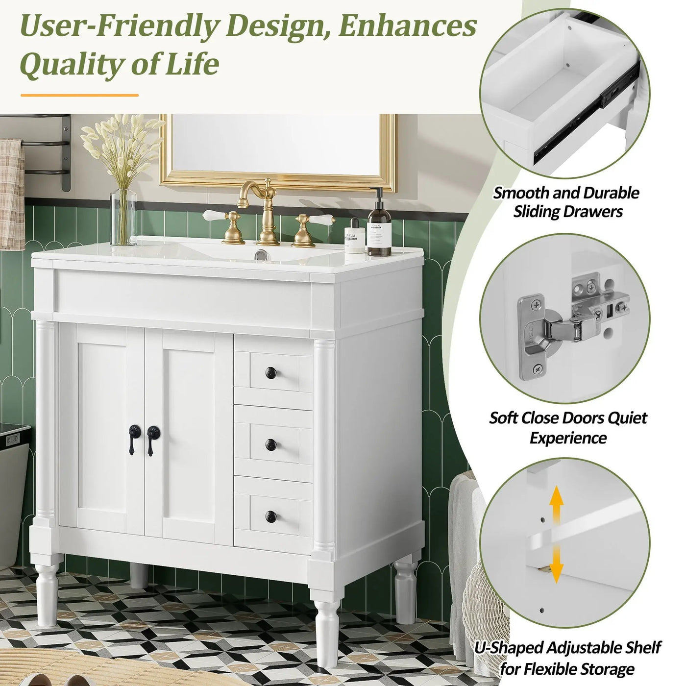 Bathroom Vanity With Ceramic Sink, 2 Doors 3 Drawers, Soft Close Design by Unique Piece Furniture