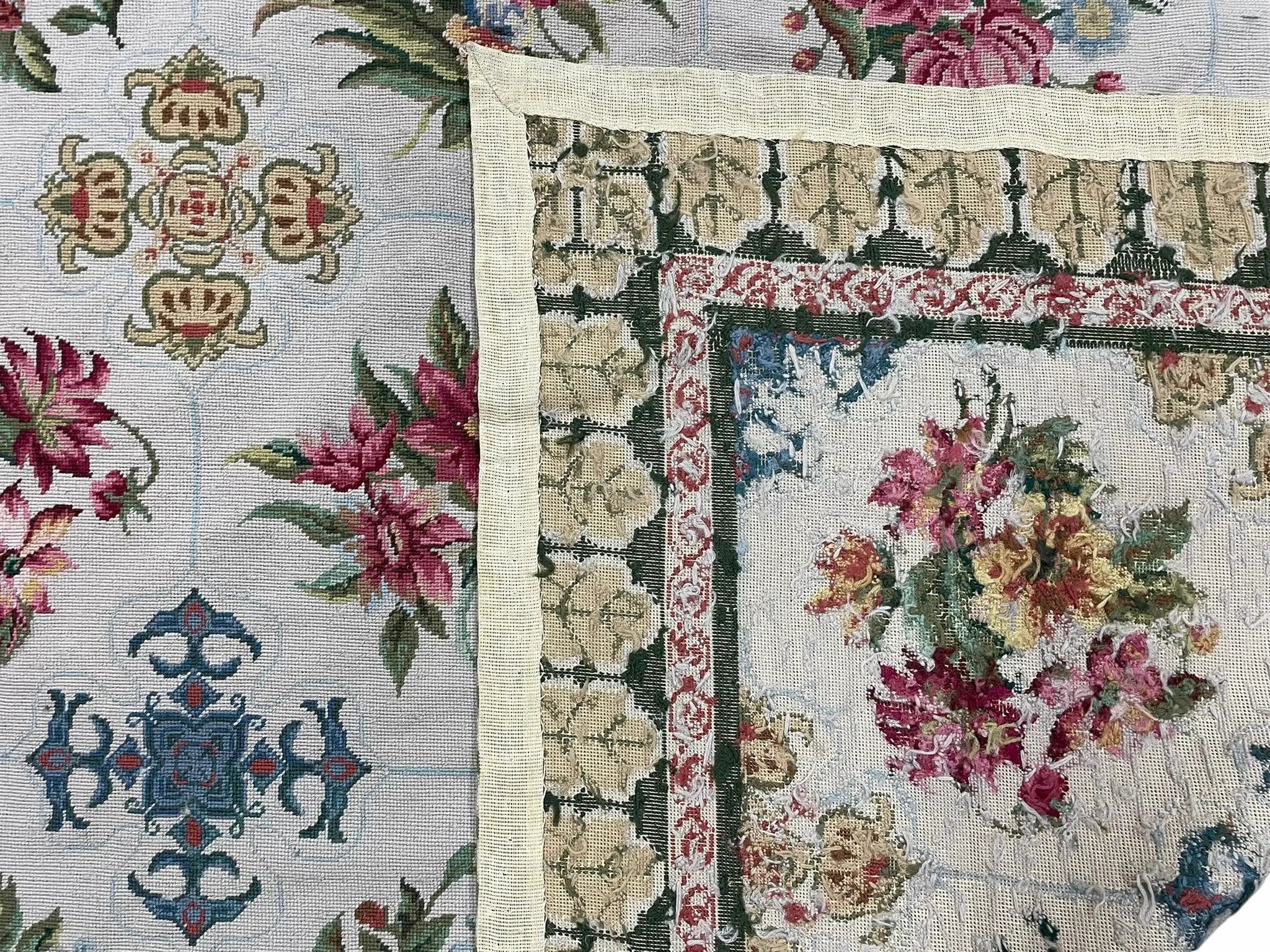 Hand-Knotted Needlepoint Carpet 6x9, Ivory/Cream Background, Colorful Flowers, Yellow Border, Aubusson Rug 6 x 9, New, Handmade by Jewel Rugs