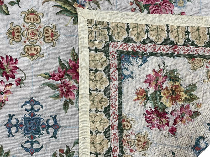 Hand-Knotted Needlepoint Carpet 6x9, Ivory/Cream Background, Colorful Flowers, Yellow Border, Aubusson Rug 6 x 9, New, Handmade by Jewel Rugs