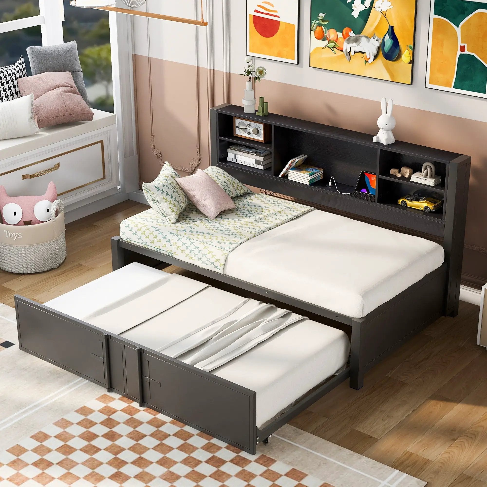 Industrial Metal Daybed With Trundle, Storage Shelves, USB Ports by HouseOfZazla