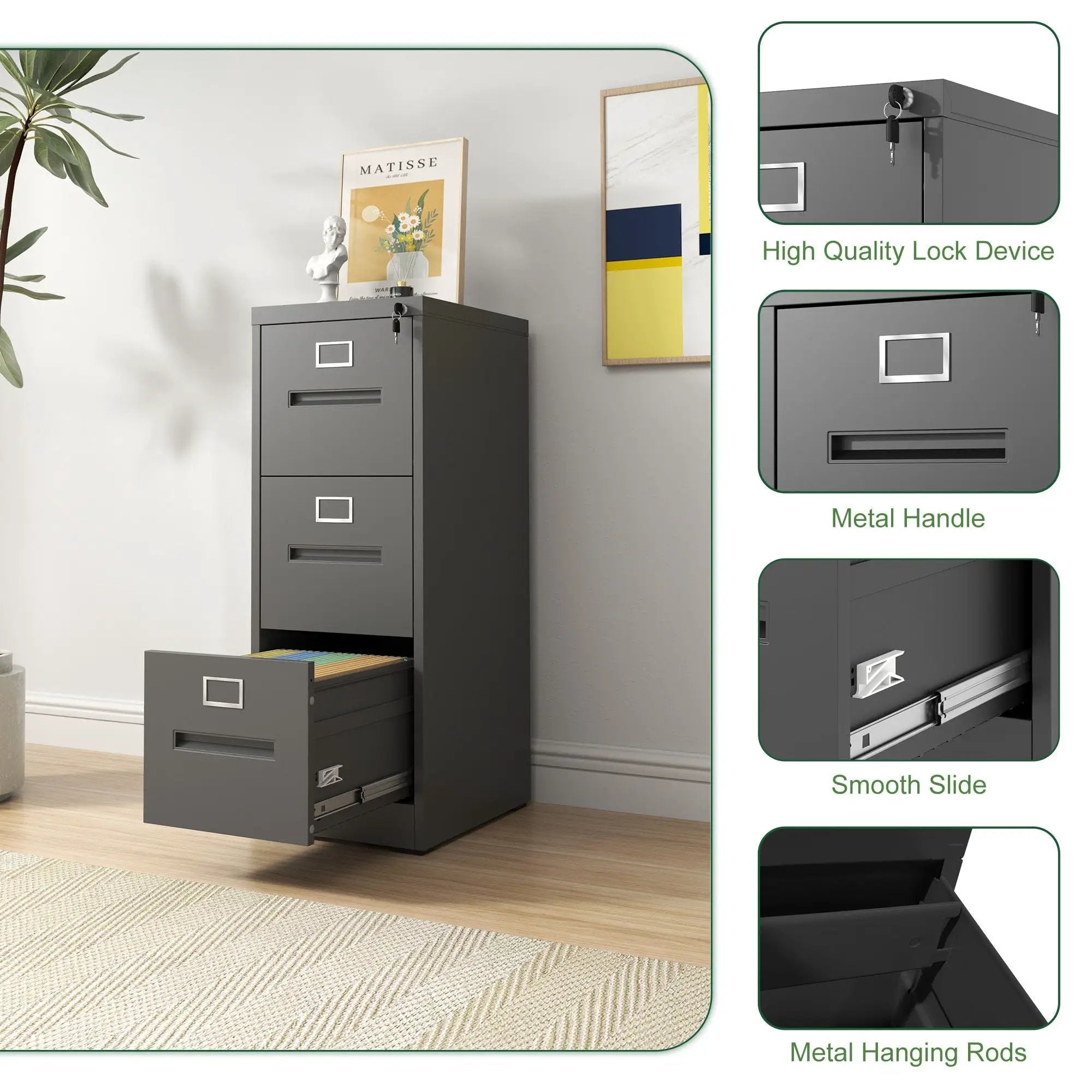 Premium Drawer File Cabinet With Lock, Metal Vertical Design, A4 Legal / Letter Size by Unique Piece Furniture