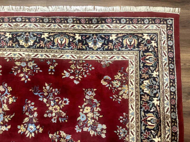 Indo Persian Sarouk Rug 10x14, Large Red and Navy Blue Carpet, Traditional Floral Wool Rug by Jewel Rugs