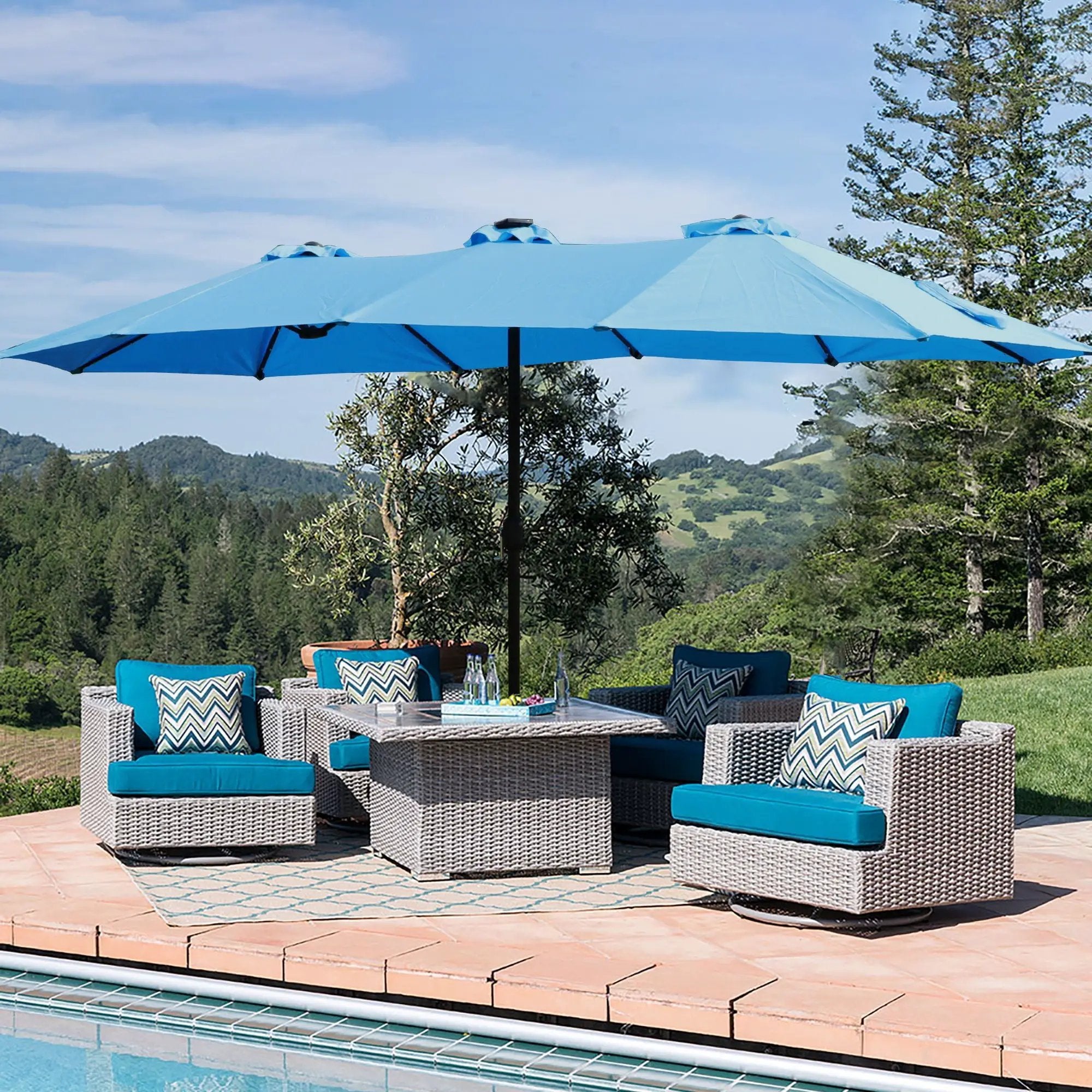 Double- Sided Outdoor Market Umbrella With Lights And Base by Unique Piece Furniture