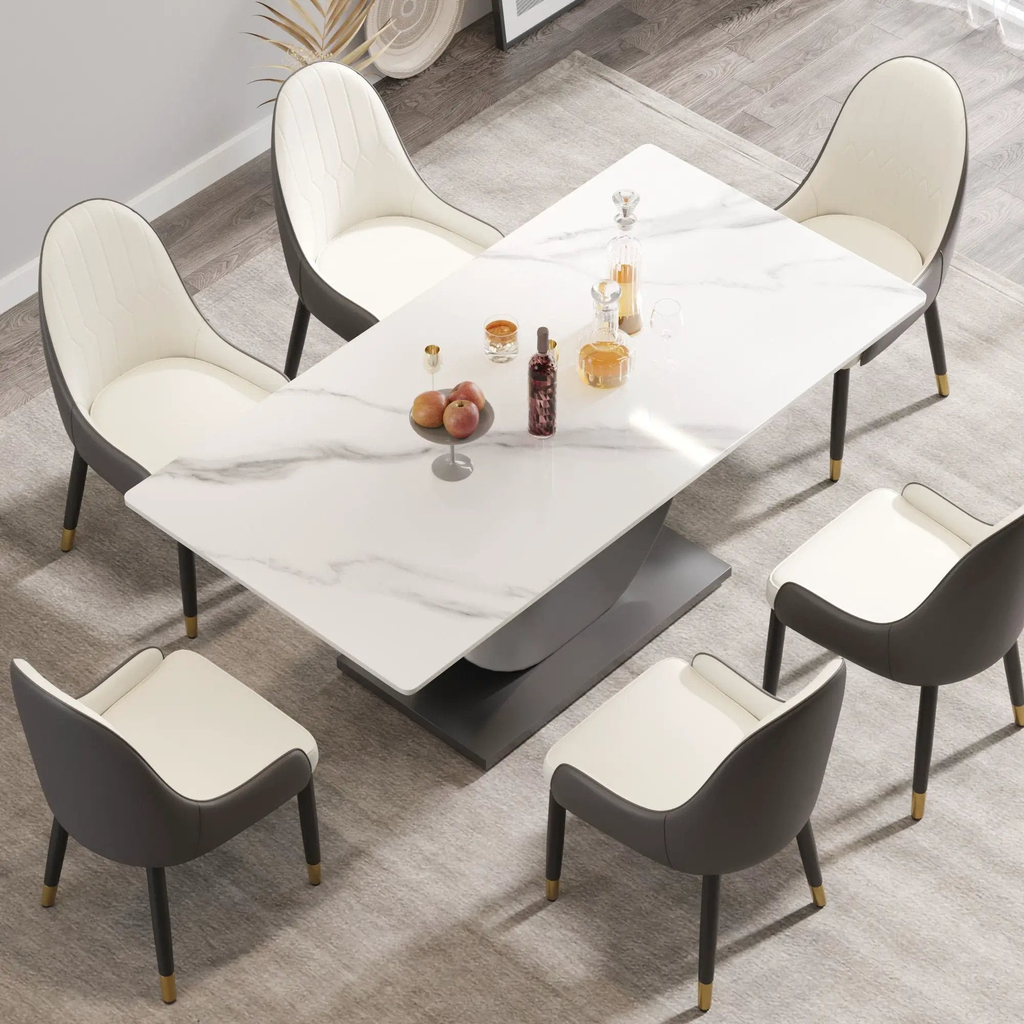 70.87" Modern Artificial Stone Crescent-Shaped Metal Legs, Can Accommodate 6-8 People - White / Black by HouseOfZazla