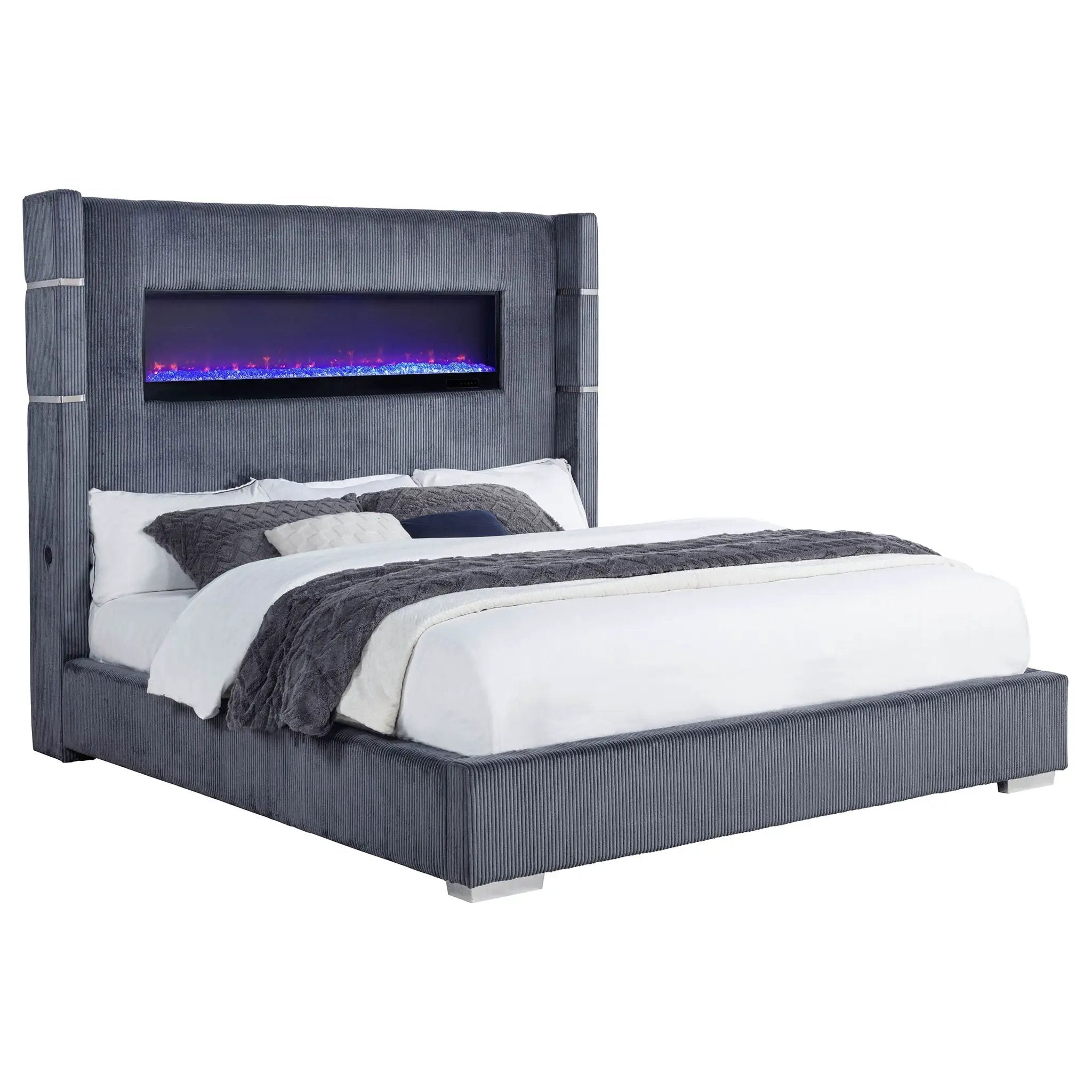 Tisdall Upholstered Cal King Flame Visualizer Bed Grey by Unique Piece Furniture