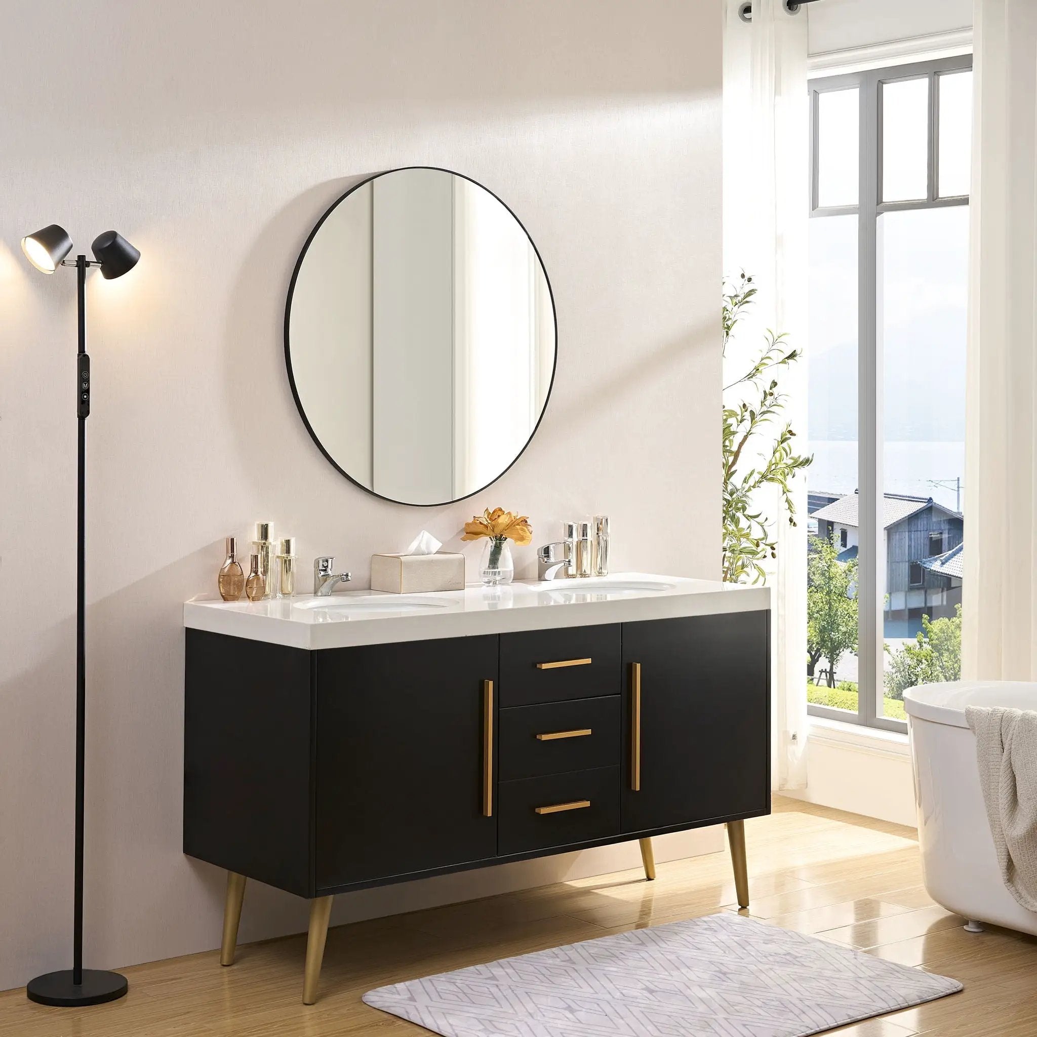 Wall Circular Framed Vanity Mirror For Bathroom, Living Room Decor - Black by Unique Piece Furniture