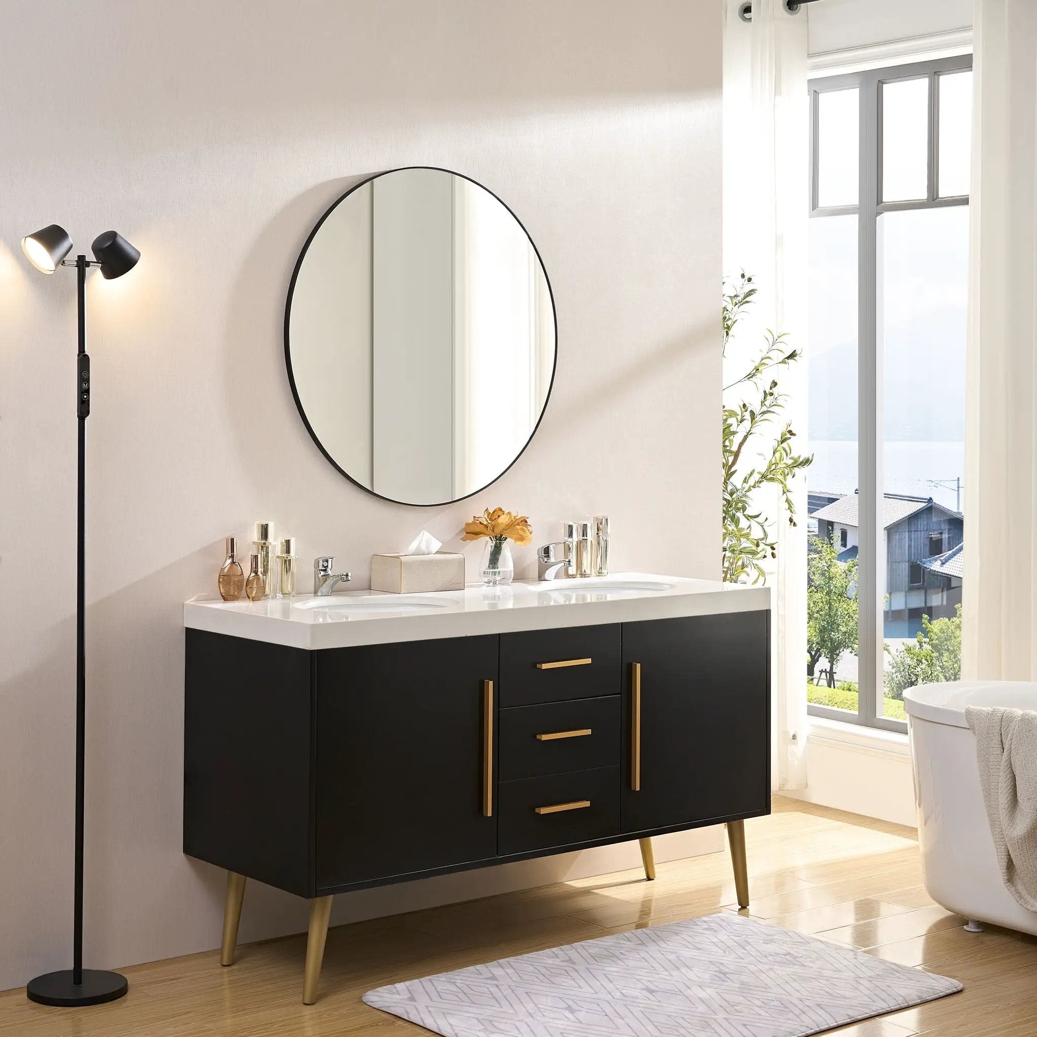 Wall Circular Framed Vanity Mirror For Bathroom, Living Room Decor - Black by HouseOfZazla