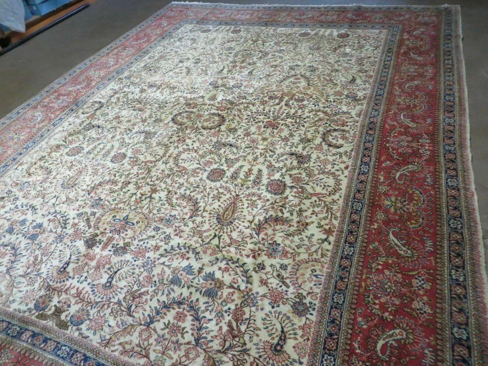 Persian Tabriz Rug 8x10, Bird Motifs Floral, Boteh Paisleys, Cream and Red, Handmade Wool Carpet by Jewel Rugs