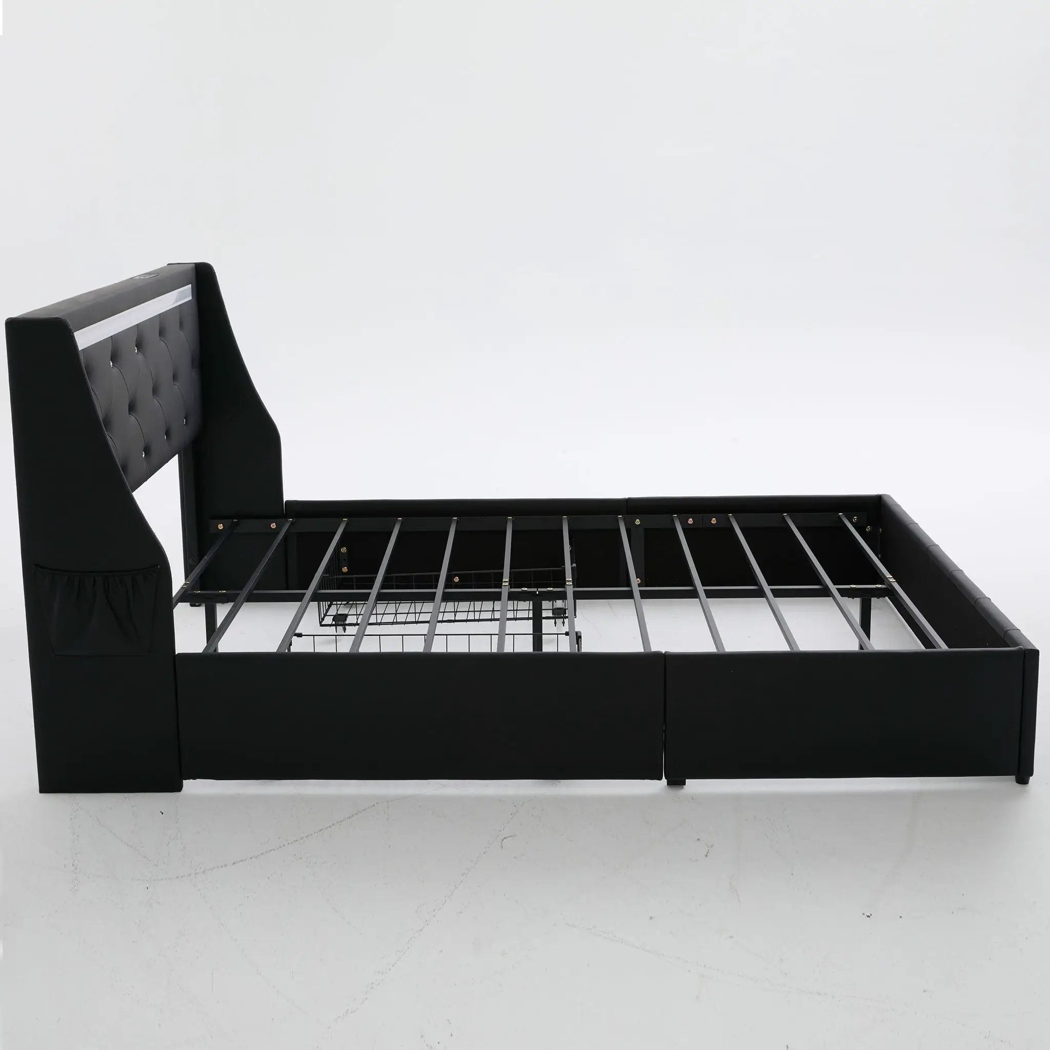 Wingback Upholstered Bed Frame With LED Lights, Charging Station by HouseOfZazla