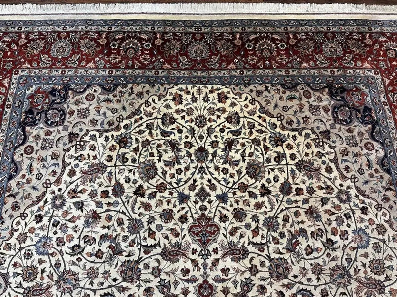 Sino Persian Rug 9x12, Vintage Wool Oriental Carpet, Floral Medallion, Wool Rug, Cream and Maroon by Jewel Rugs