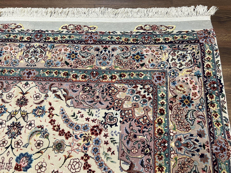 Beautiful Pak Persian Rug 6x9, Floral Medallion, Wool and Silk, Highly Detailed Elegant Carpet, Vintage Oriental Rug 6 x 9, Cream and Gray by Jewel Rugs