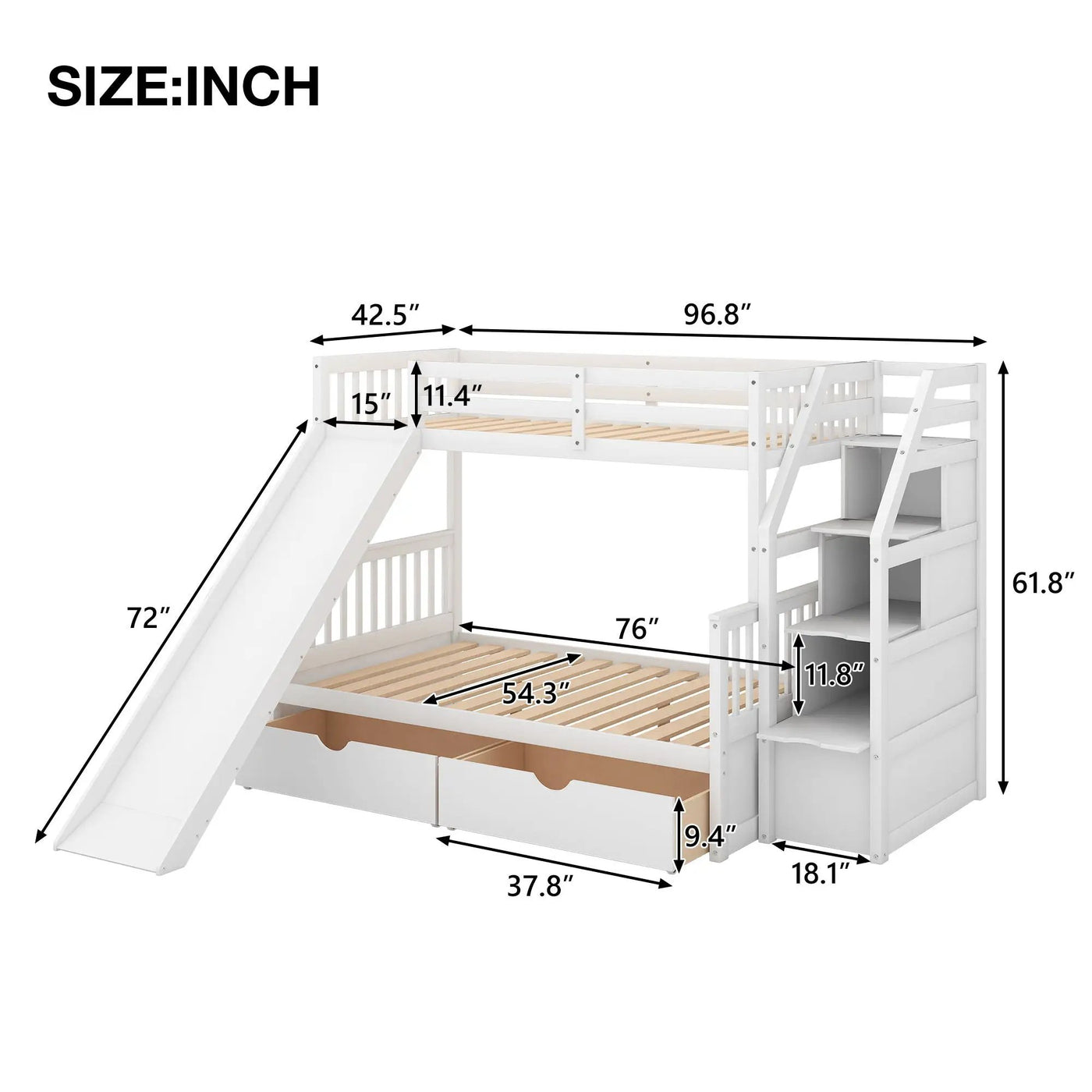 Bunk Bed With Storage Staircase, Slide, Desk, Drawers, And Shelves by Unique Piece Furniture
