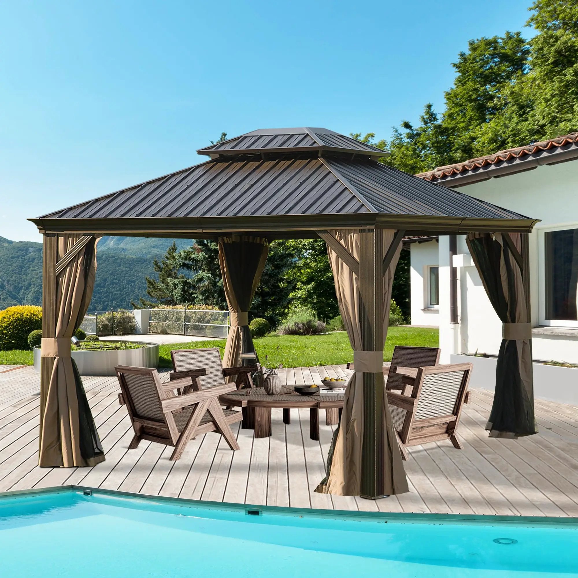 10' x 12' Hardtop Gazebo with Galvanized Steel Double Roof, Curtains, and Netting by HouseOfZazla