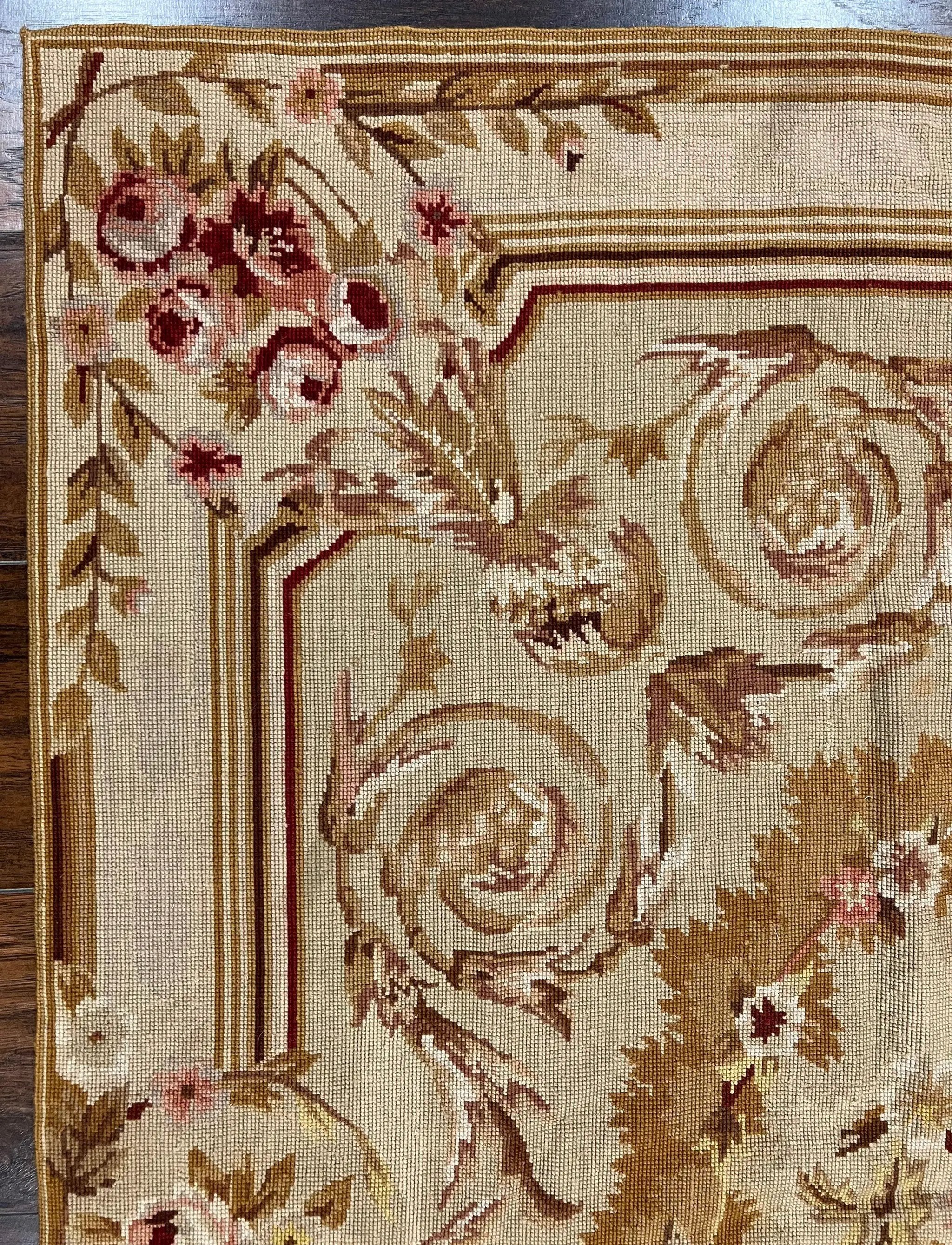 Aubusson Needlepoint Rug 4x5 ft, Beige and Tan, Aubusson Savonnerie Vintage Carpet, Handwoven Handmade Wool Rug, European Design Floral Rose by Jewel Rugs