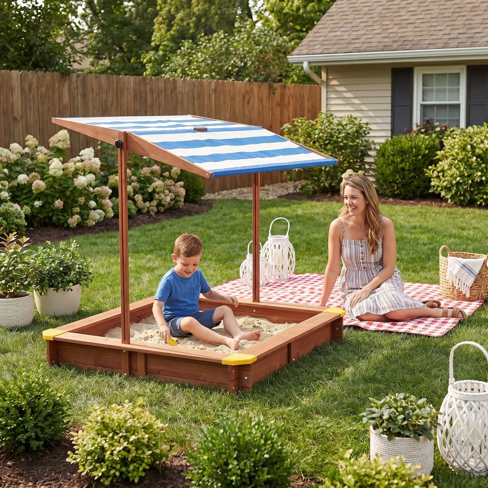 Kids Sandbox With Cover, Sand Box With Adjustable Canopy, Large Outdoor Cedar Sandpit For Backyard Play - Reddish Brown by HouseOfZazla