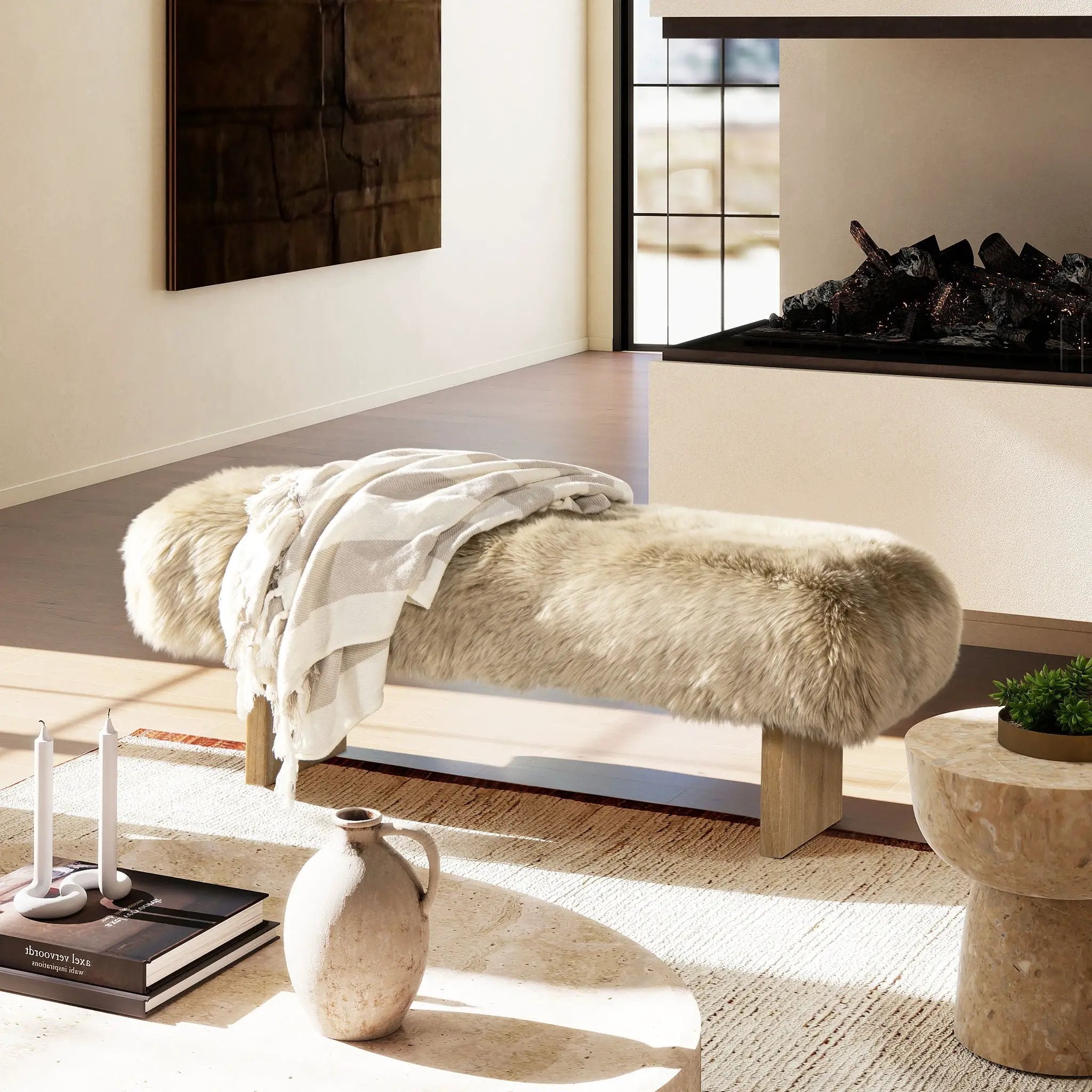 Leda - Sheepskin Fur Rectangular Accent Bench - Natural Blonde by Unique Piece Furniture