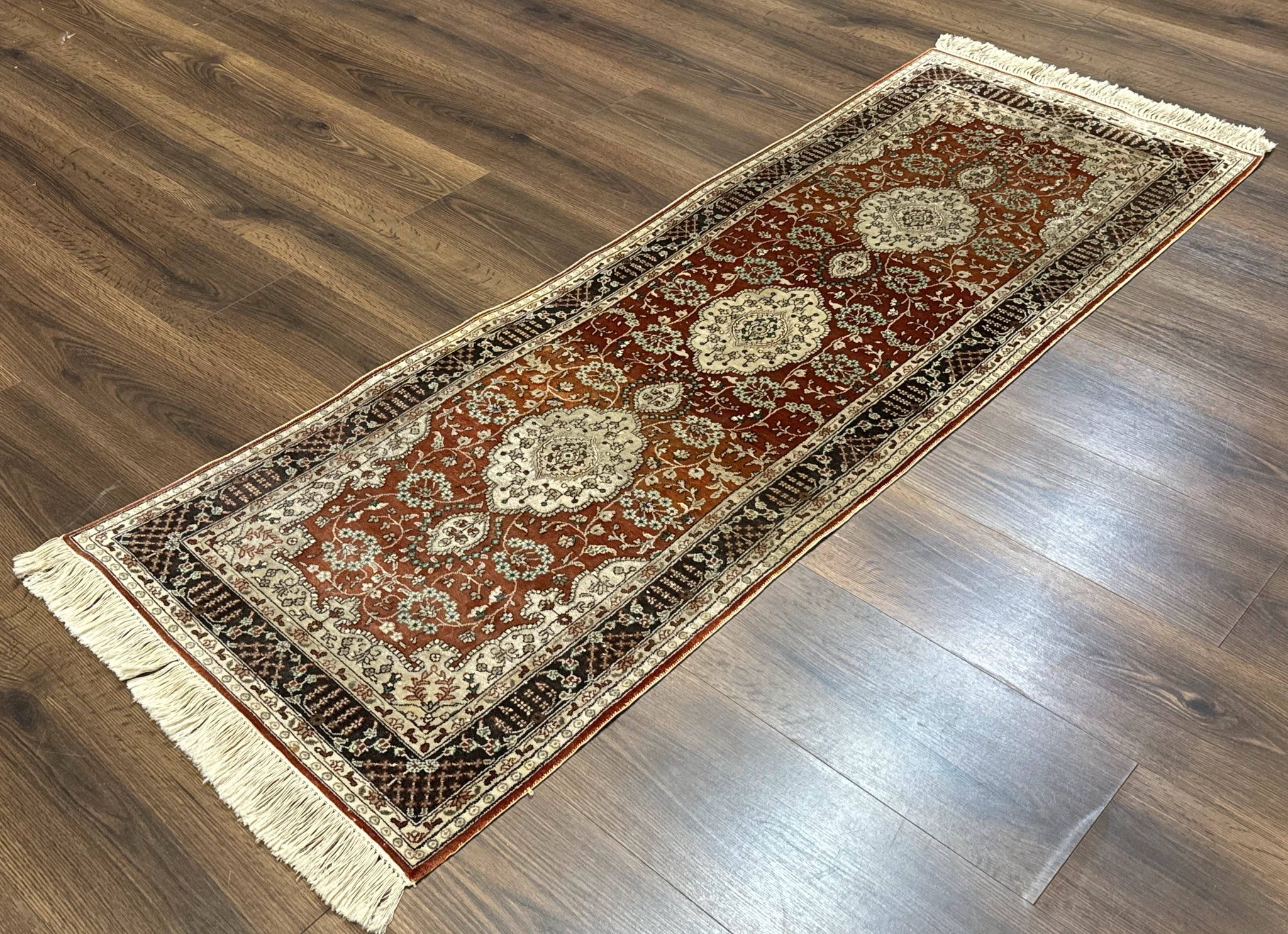 Turkish Silk Narrow Runner Rug 2 x 5.8, Very Fine 340 KPSI, Floral Medallions, Red by Jewel Rugs