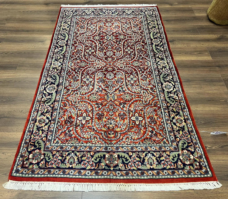 Indo Persian Rug 4x7, Allover Floral Oriental Carpet, Red and Navy Blue, Hand Knotted Indian Kashmiri Traditional Vintage Area Rug 4 x 7 ft by Jewel Rugs