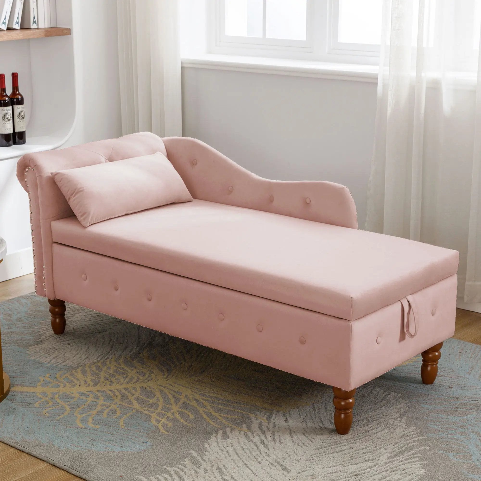 Chaise Lounge Indoor, Lounge Chair For Bedroom With Storage & Pillow, Modern Upholstered Rolled Arm Chase Lounge For Sleeping With Nailhead Trim For Living Room Bedroom Office by HouseOfZazla