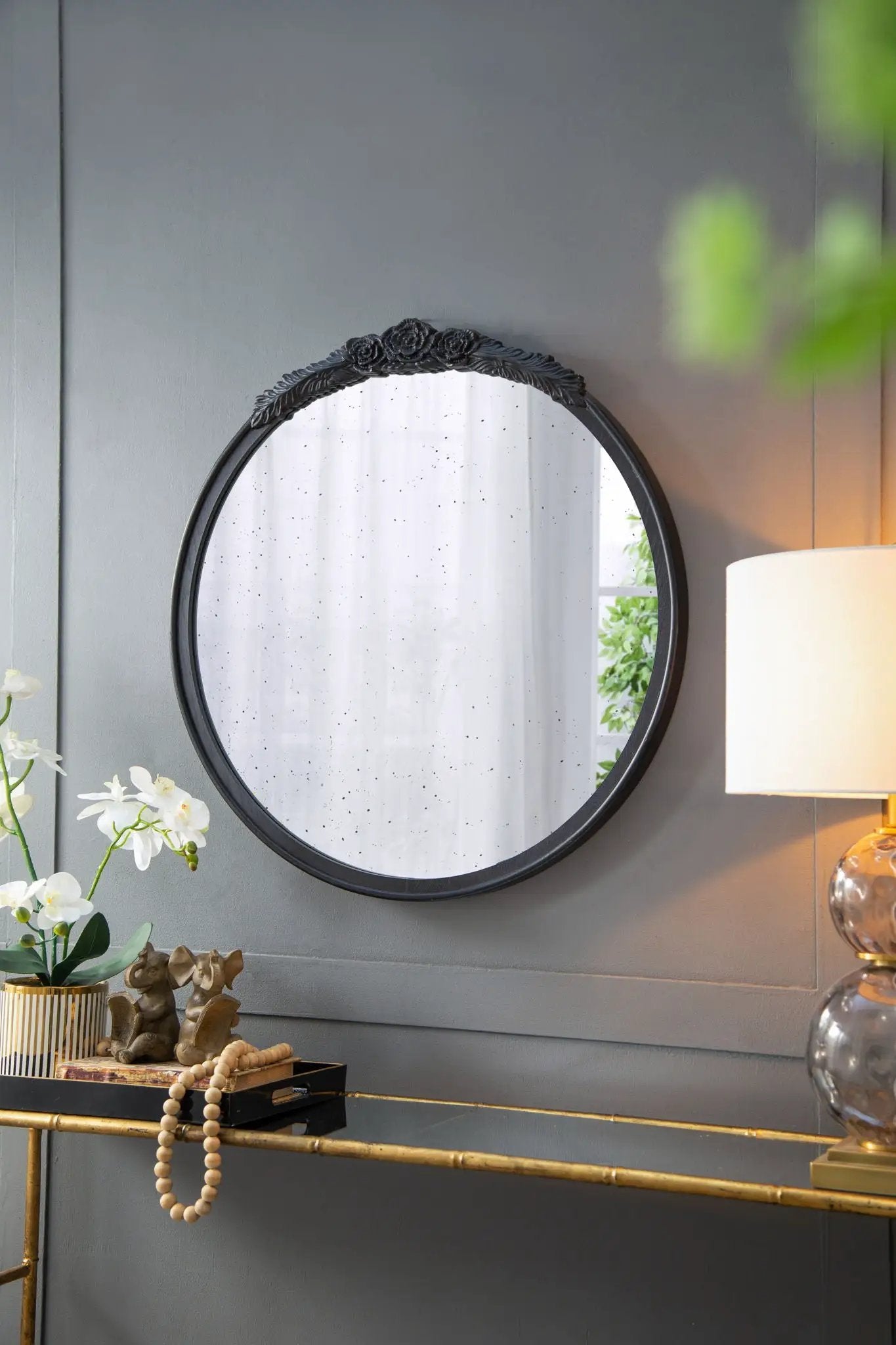 Round Hand Carved Rose Antique Mirror Frame, Wall Mirror For Live Space by Unique Piece Furniture