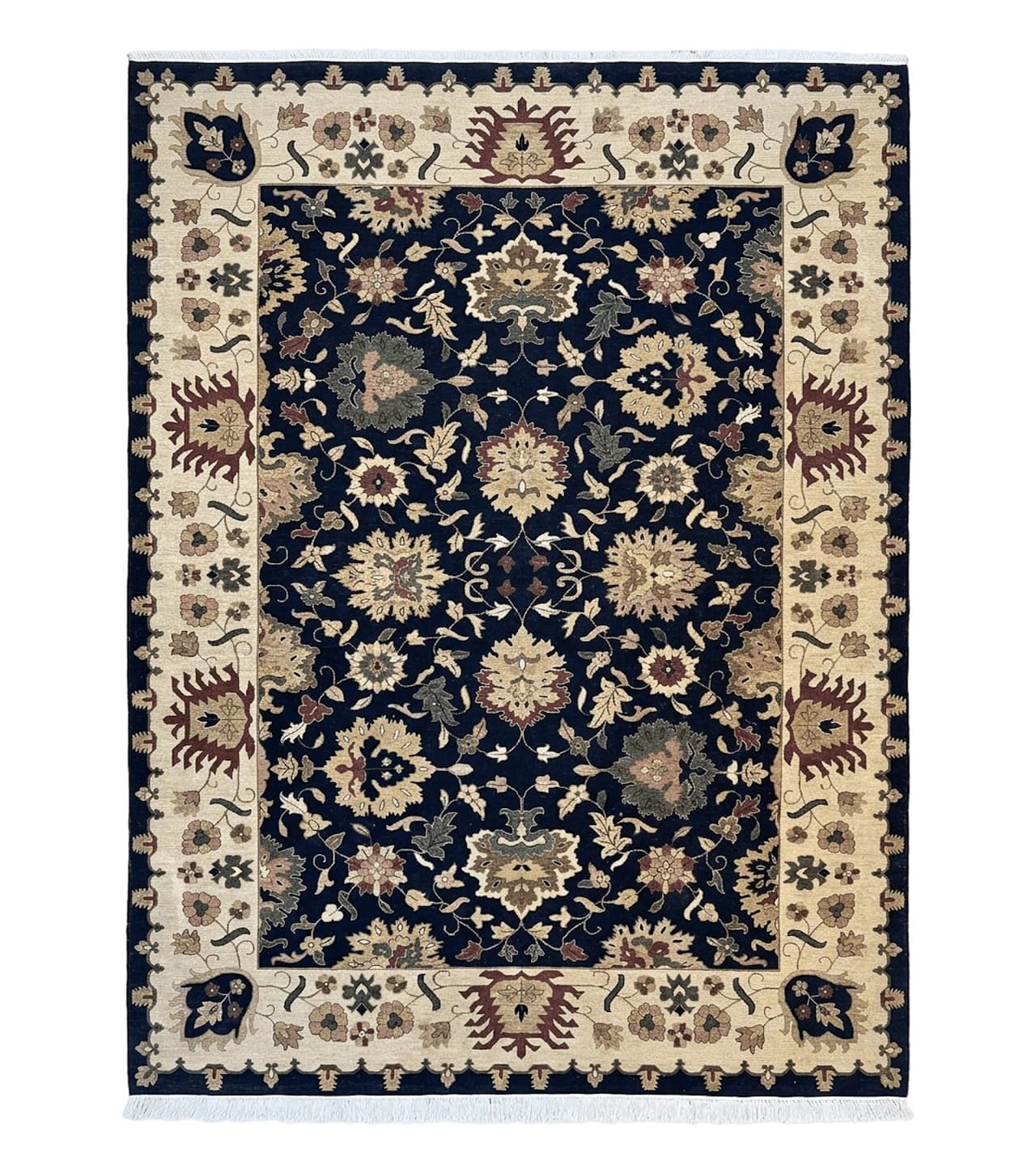 Indo Persian Rug 10x14, Wool Handmade Room Sized Floral Oriental Carpet, Indian Mahal Flatweave Rug, Black Beige by Jewel Rugs
