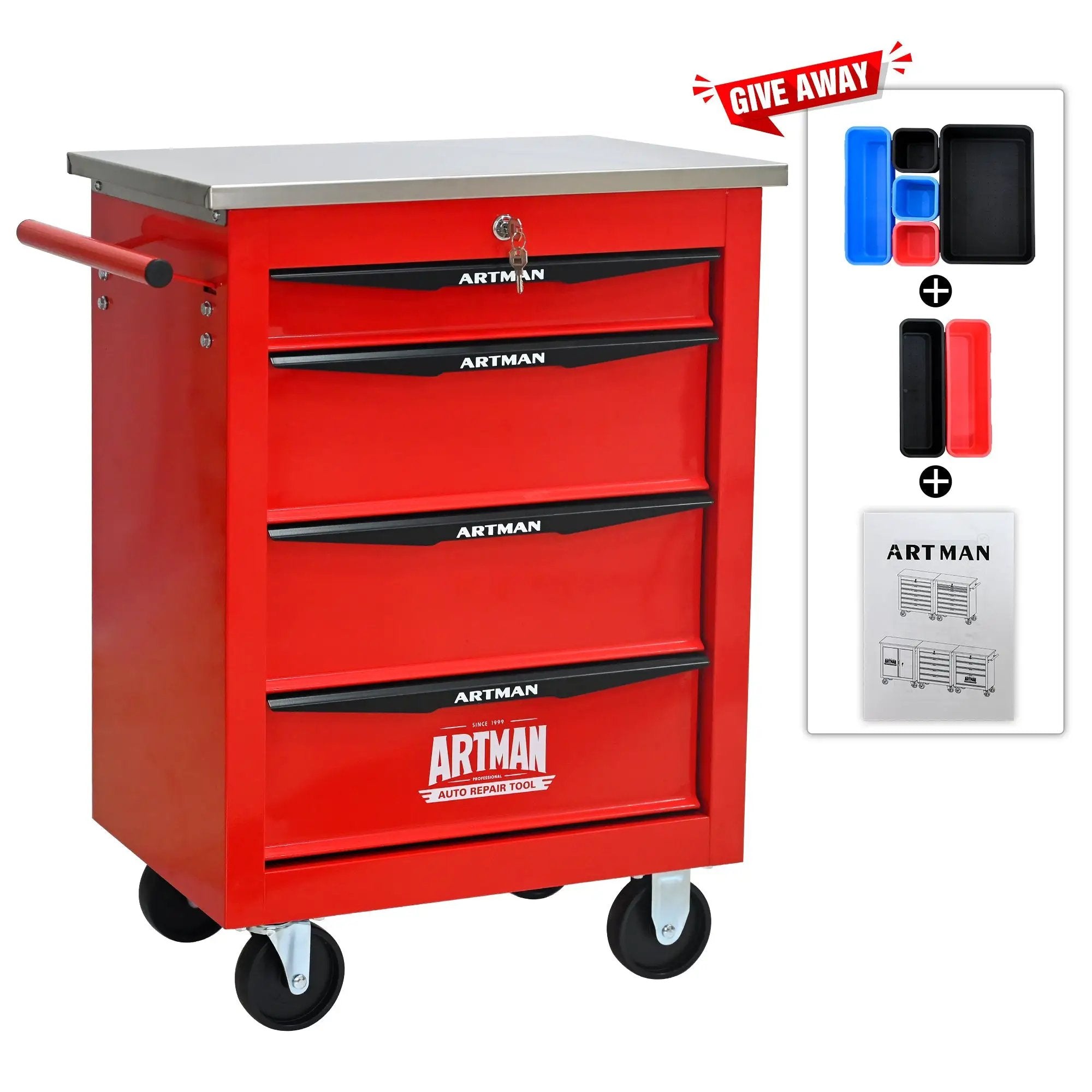 4 Drawers Multifunctional Tool Cart with Wheels, Red & Black by HouseOfZazla