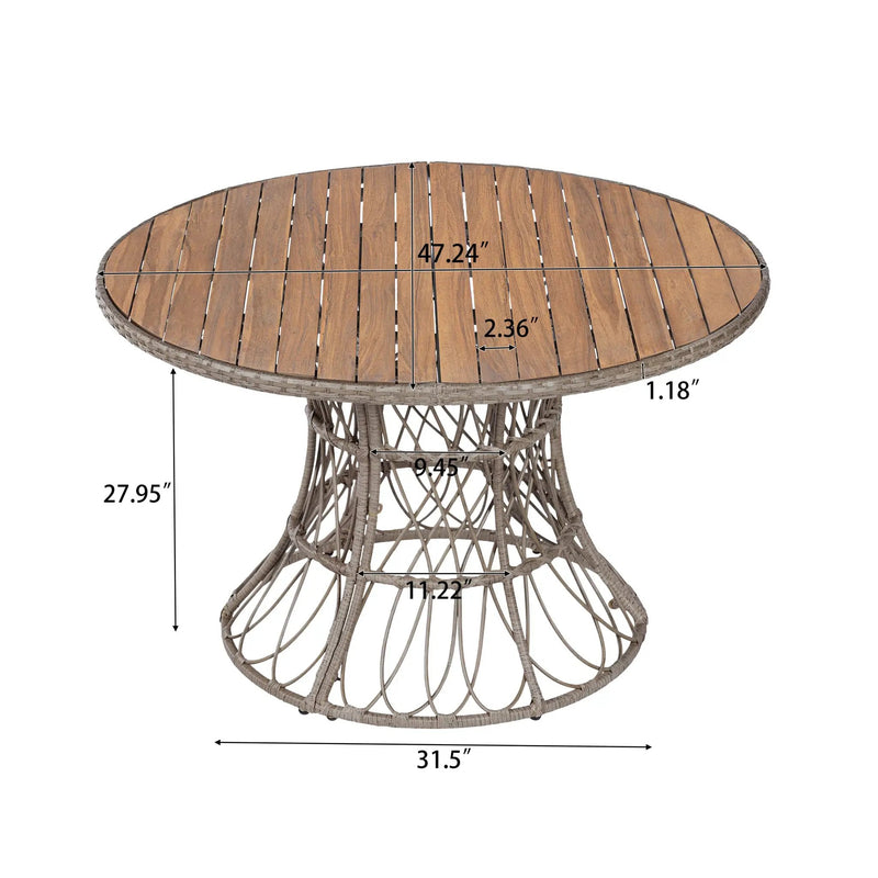 5-Piece Outdoor Dining Set: Brown Round Acacia Wood Table & 4 Brown Wicker Armchairs by HouseOfZazla