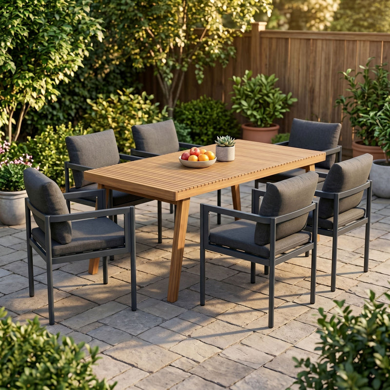 7-Piece Outdoor Patio Dining Set, 69" Acacia Wood Rectangular Table & 6 Chairs by HouseOfZazla