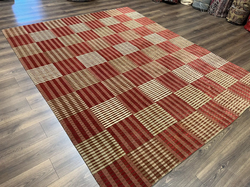 Modern Tibetan Rug 8x10, Hand Knotted Contemporary Nepali Carpet 8 x 10, Checkerboard Design, Red Cream Light Brown, Very Fine Wool & Silk by Jewel Rugs