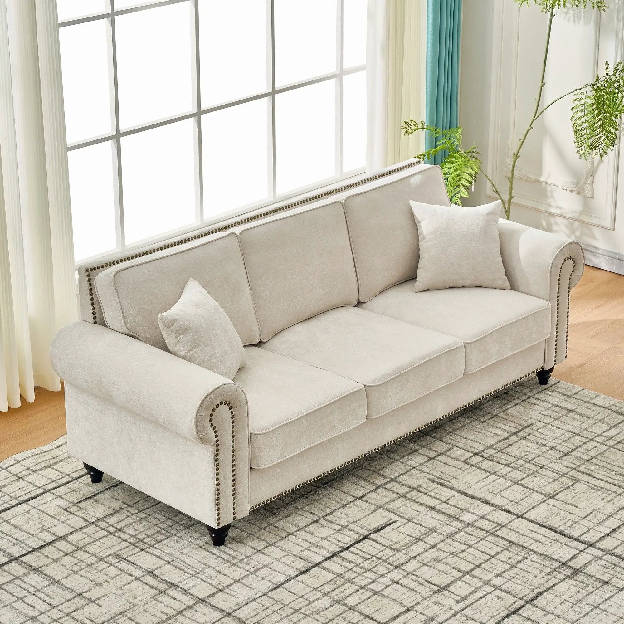 3 Seater Sofa With Tufted Upholstery, Rolled Arms, Nailhead Trim by Unique Piece Furniture