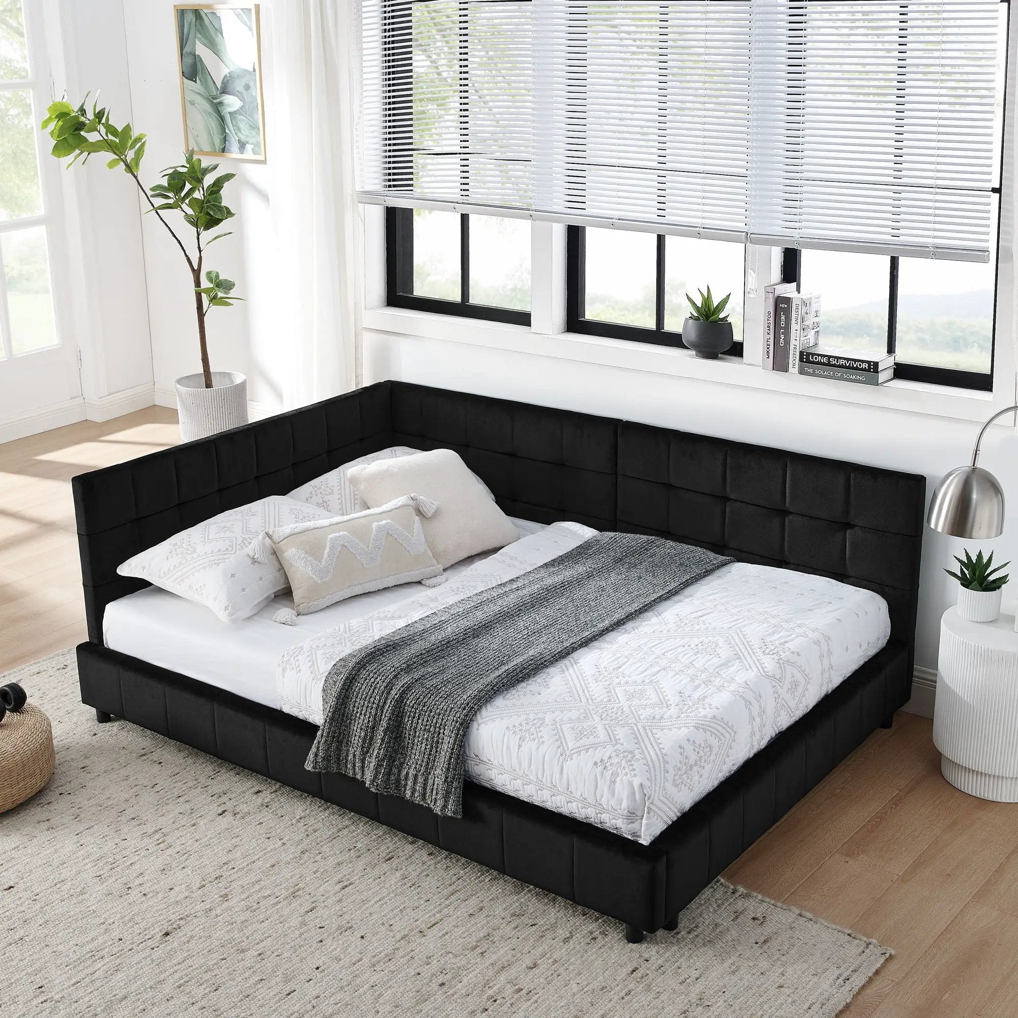 Mid-Century Storage Upholstered Tufted Bed Frame With Backrest And Armrests by HouseOfZazla