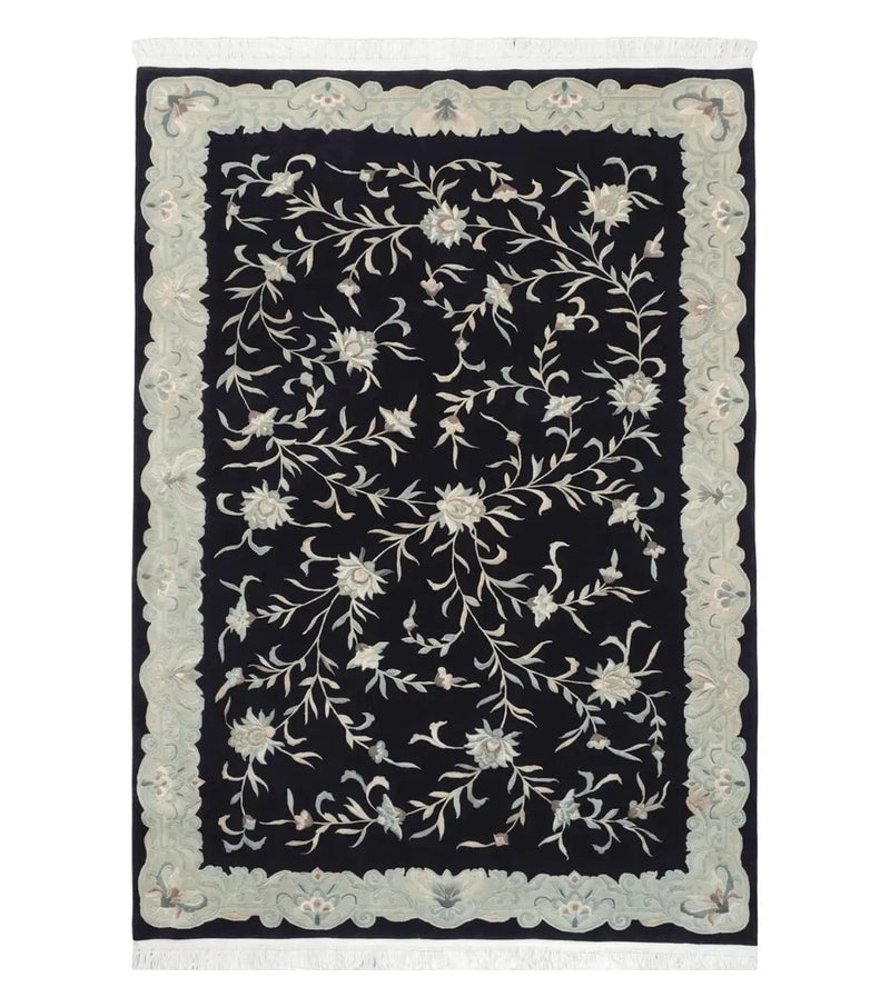 6x9 Vintage Black Gray Chinese Rug 120 Lines Wool Carpet Floral Design Hand-Knotted Soft Pile Entryway Rug Foyer Rug Nice by Jewel Rugs