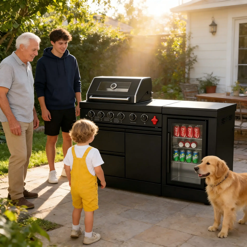 65" 4-Burner 72,000 BTU Black Outdoor Kitchen Island Grill Marble Countertops Wine Cooler by Chery Industrial