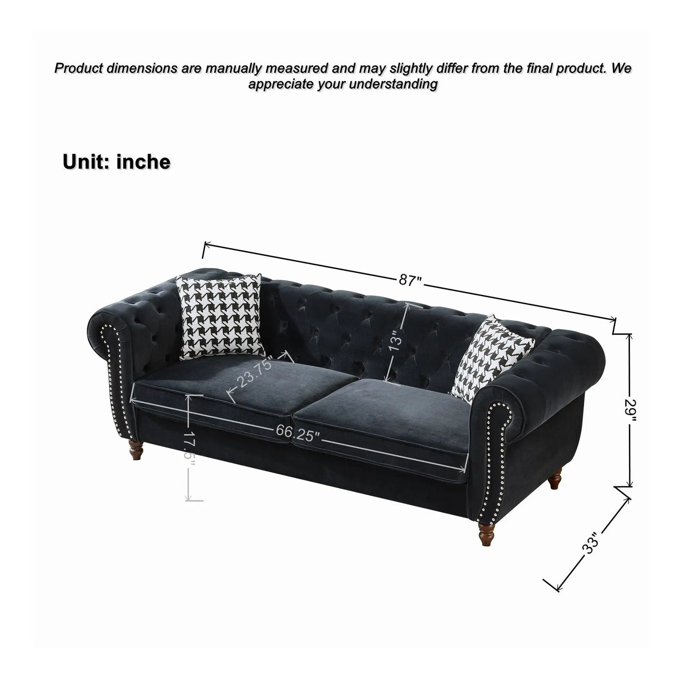 Chesterfield Upholstery Fabric Sofa With Roll Armrest & Nailhead, Mid Century Modern 3 And 3 Seater Couch by Unique Piece Furniture