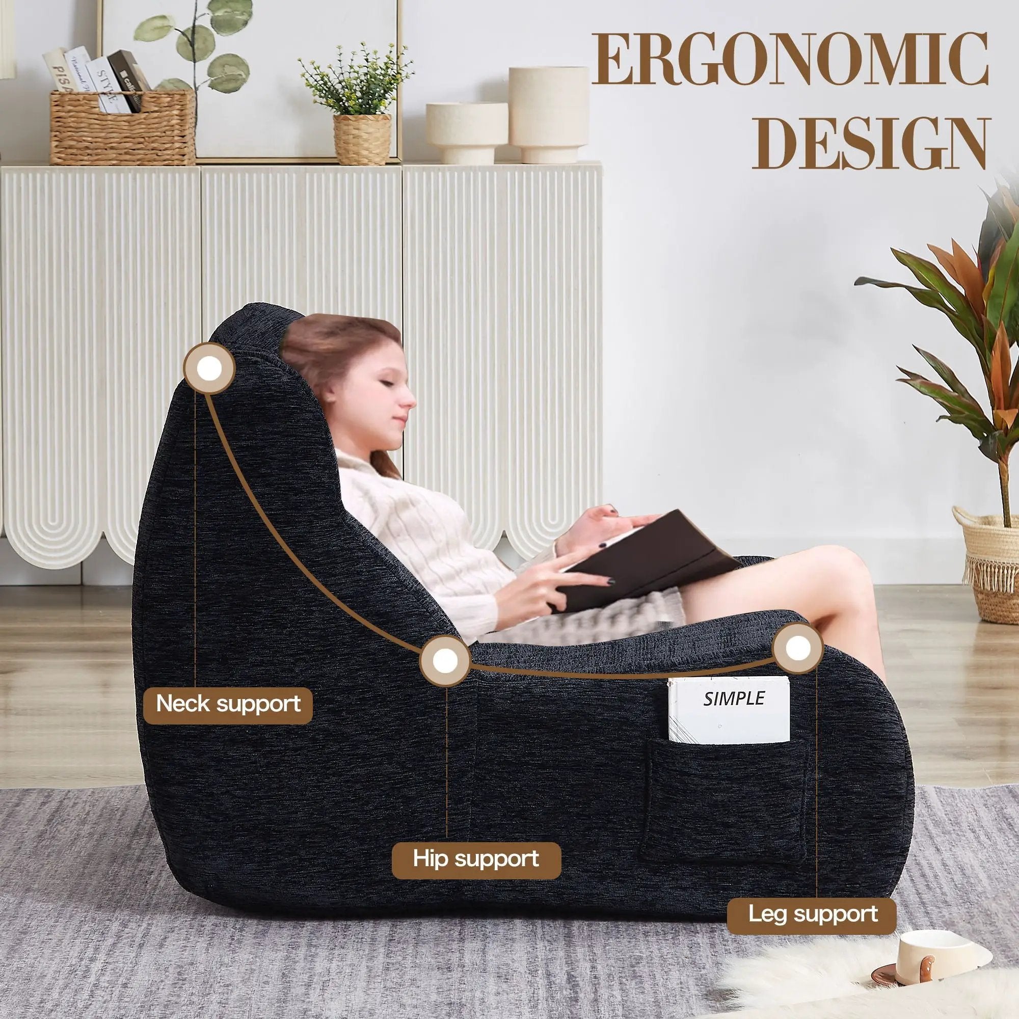 Bean Bag Chair With Armrests Oversized Comfy Beanbag Lounge Lazy Floor Sofa Accent Chair For Living Room - Black by Unique Piece Furniture