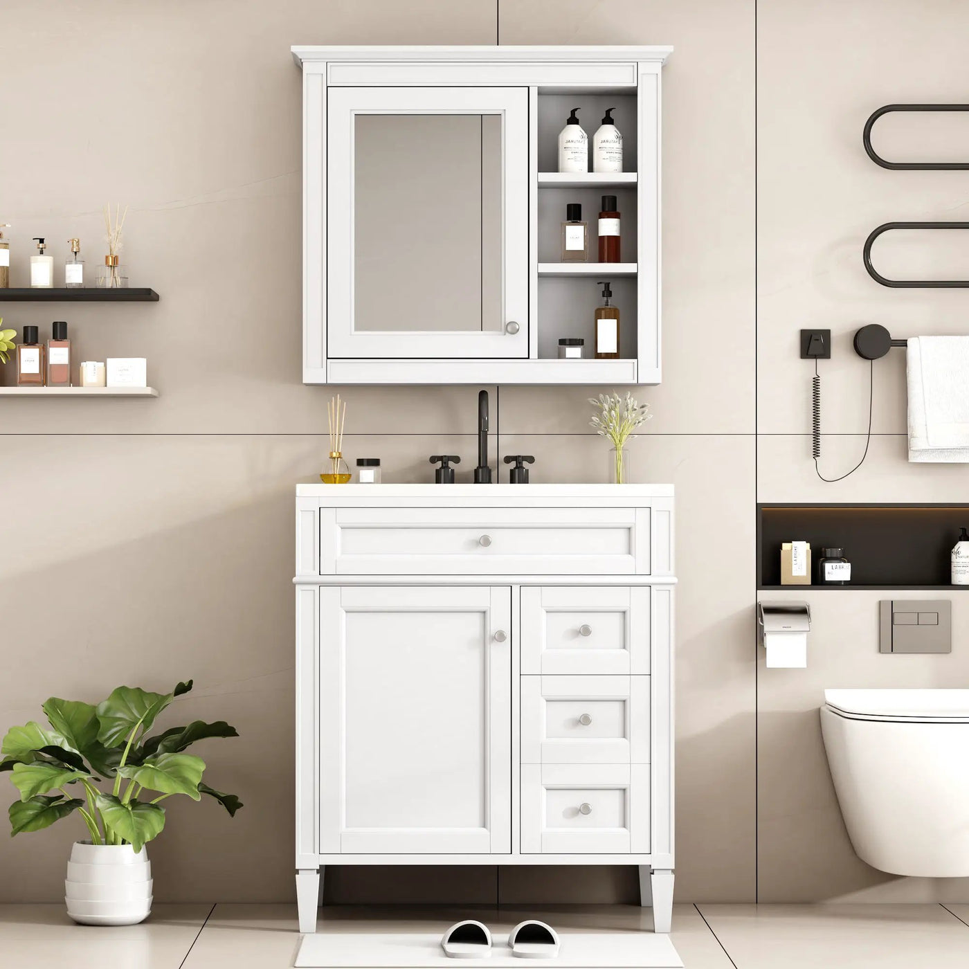 Bathroom Vanity With Top Sink, 2 Doors And 3 Drawers, Freestanding Set With Mirror Cabinet by Unique Piece Furniture