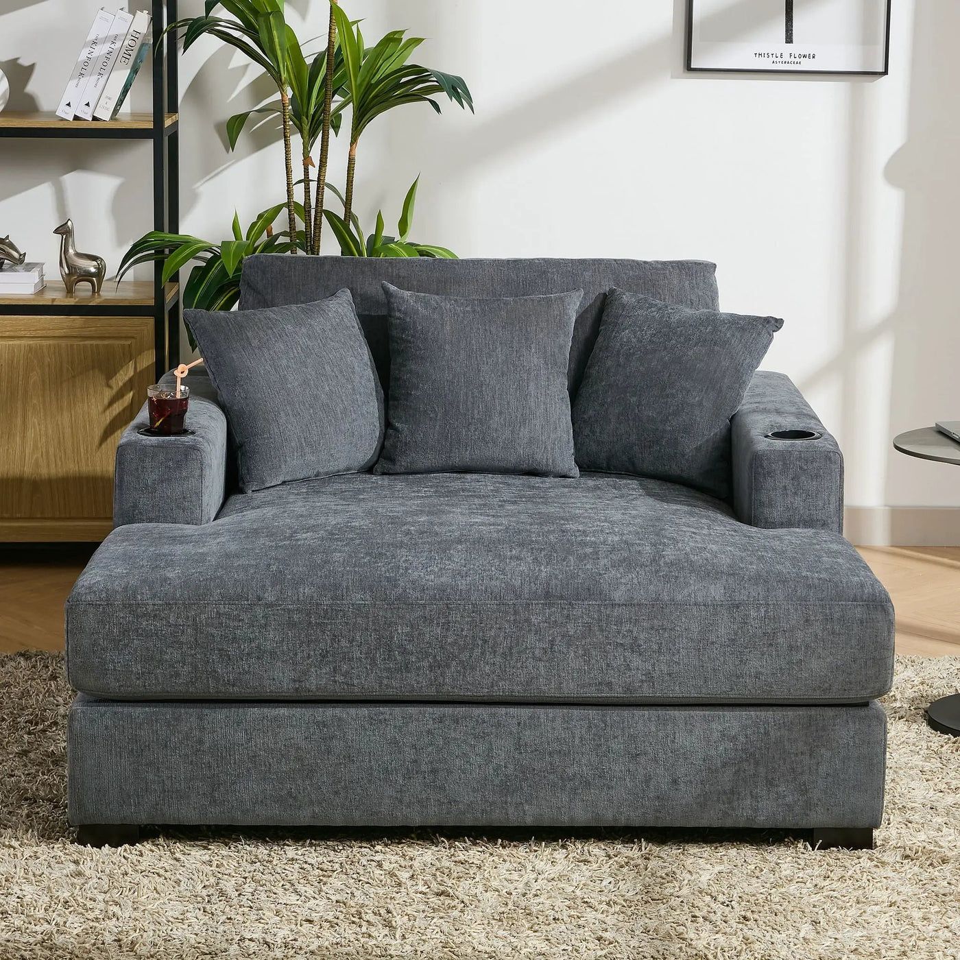 Oversized Chaise Lounger Modern Style Sofa Couch With Pillows, Charge Station & Cup Holders by HouseOfZazla