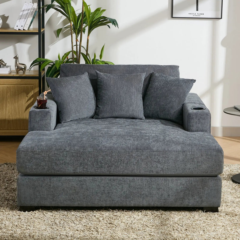 Oversized Chaise Lounger Modern Style Sofa Couch With Pillows, Charge Station & Cup Holders by HouseOfZazla