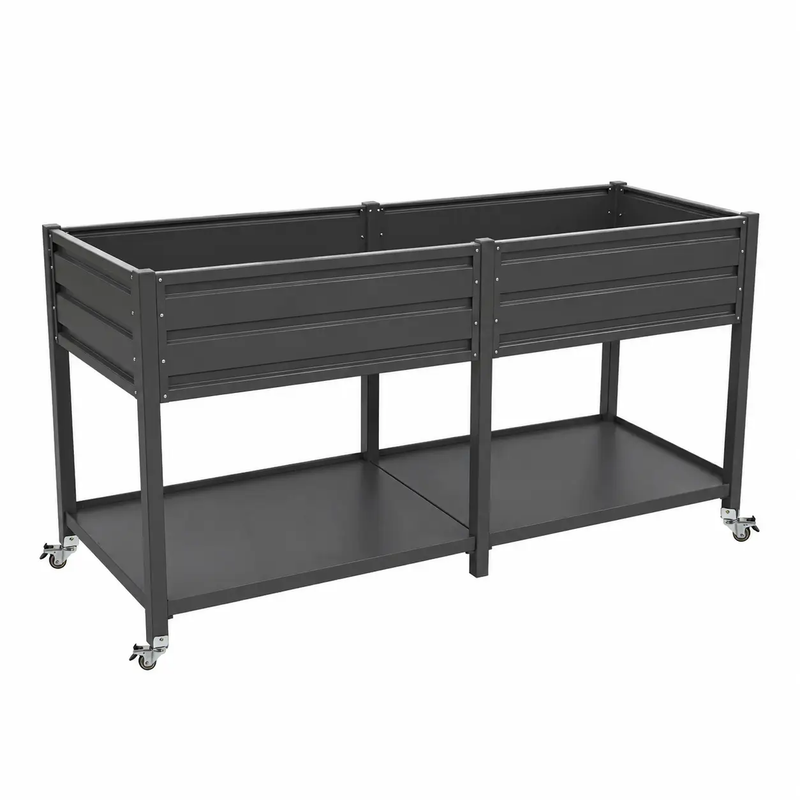 Dual Tier Elevated Metal Raised Garden Bed with Lockable Wheels & Lower Storage Shelf by HouseOfZazla