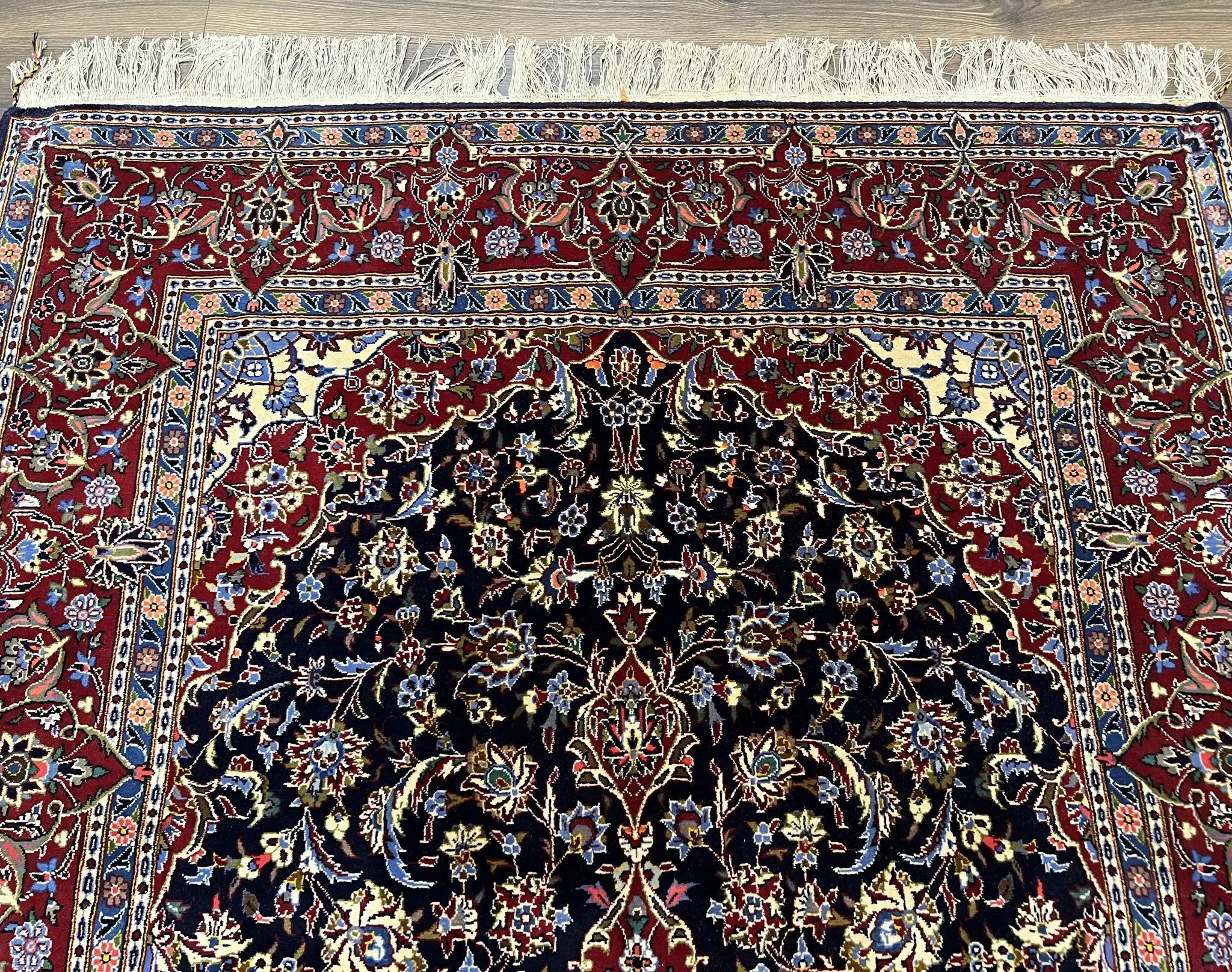 Dark Blue Persian Rug 5x8, Kork Wool Semi Antique Kashan Carpet, Very Fine Lachak Toranj Rug, Hand Knotted Floral Medallion Rug, 5 x 8 Oriental Rug by Jewel Rugs