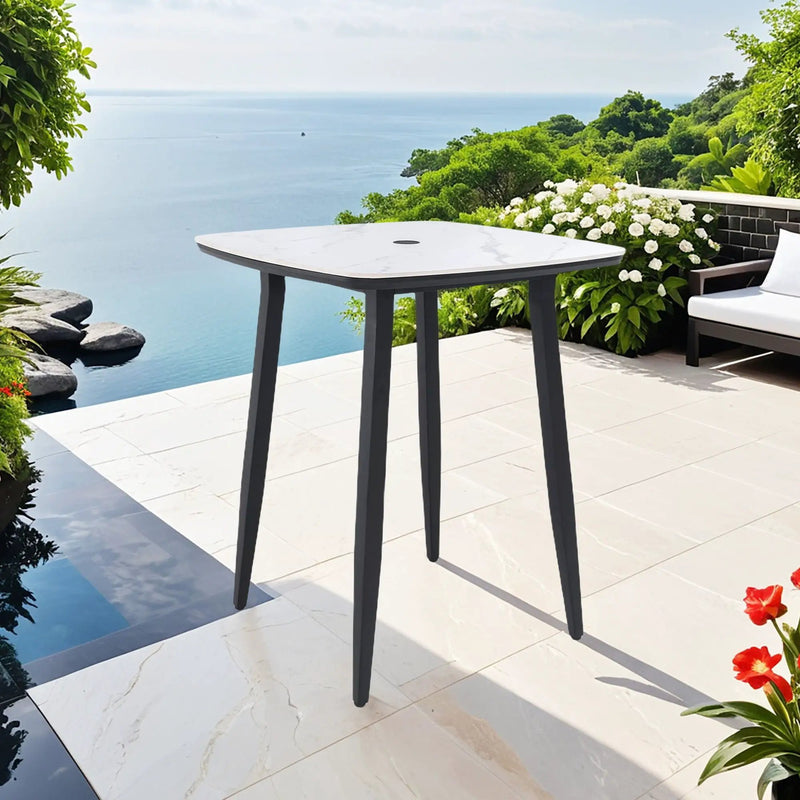 Outdoor Bar Table, Rounded Square Sintered Stone Top With Umbrella Hole, Rust Free Frame, Weatherproof - Ember Black / White by HouseOfZazla