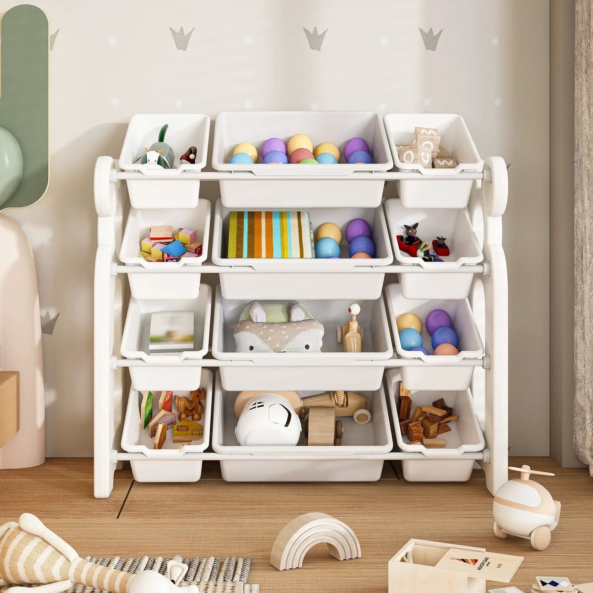 Multi Functional Kids Toy Storage Organizer Cabinet With Hdpe Shelf And 12 Bins - Gray White by Unique Piece Furniture