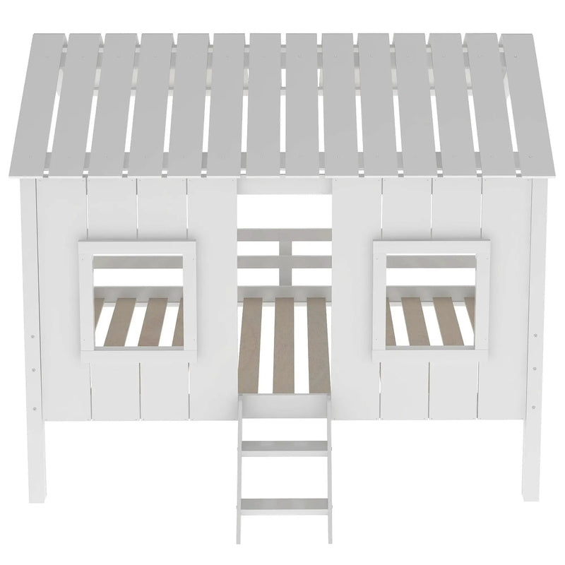 Twin Size Low Loft House Bed With Roof And 2 Front Windows - White by Unique Piece Furniture