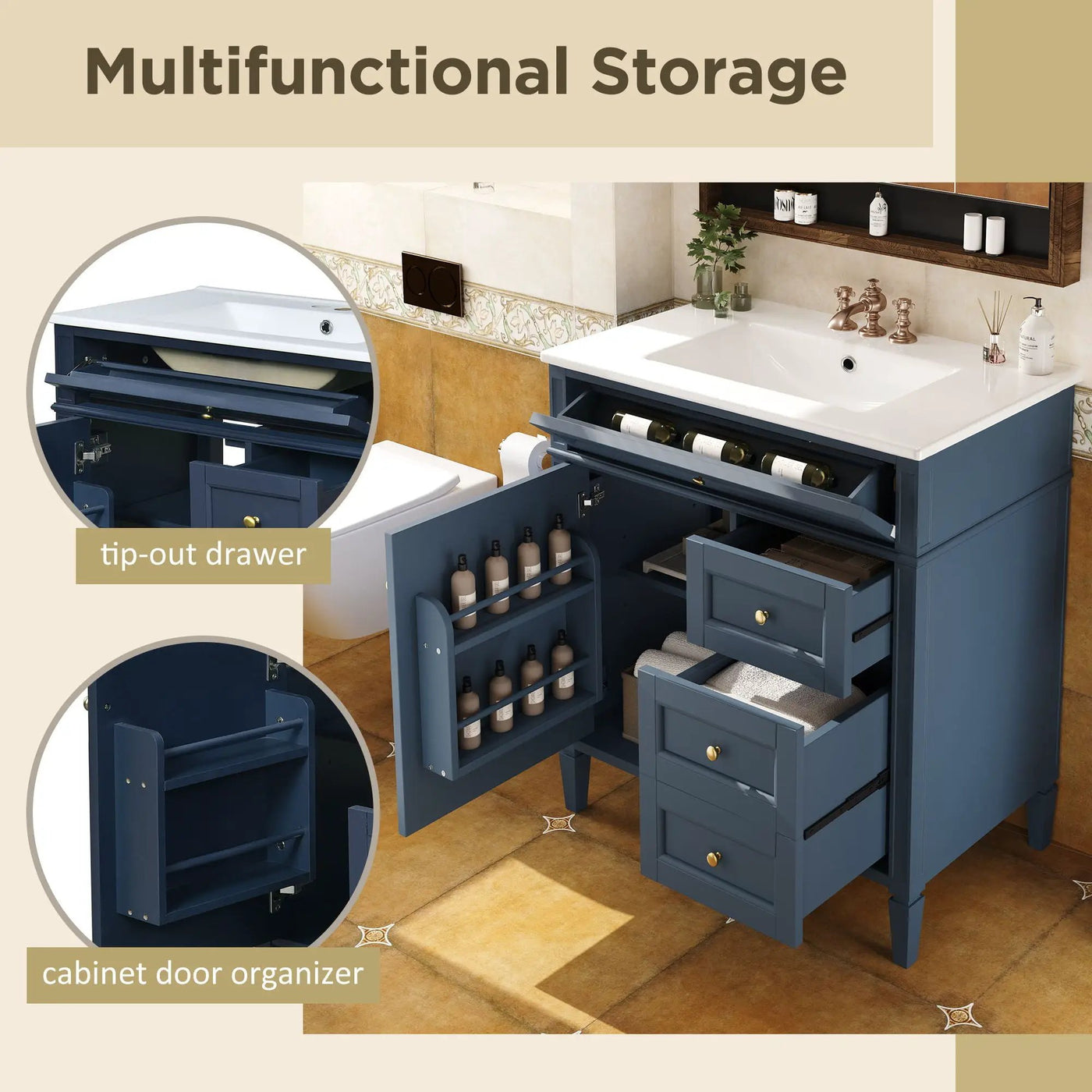 Bathroom Vanity With Top Sink, 2 Drawers & Tip Out Drawer by Unique Piece Furniture
