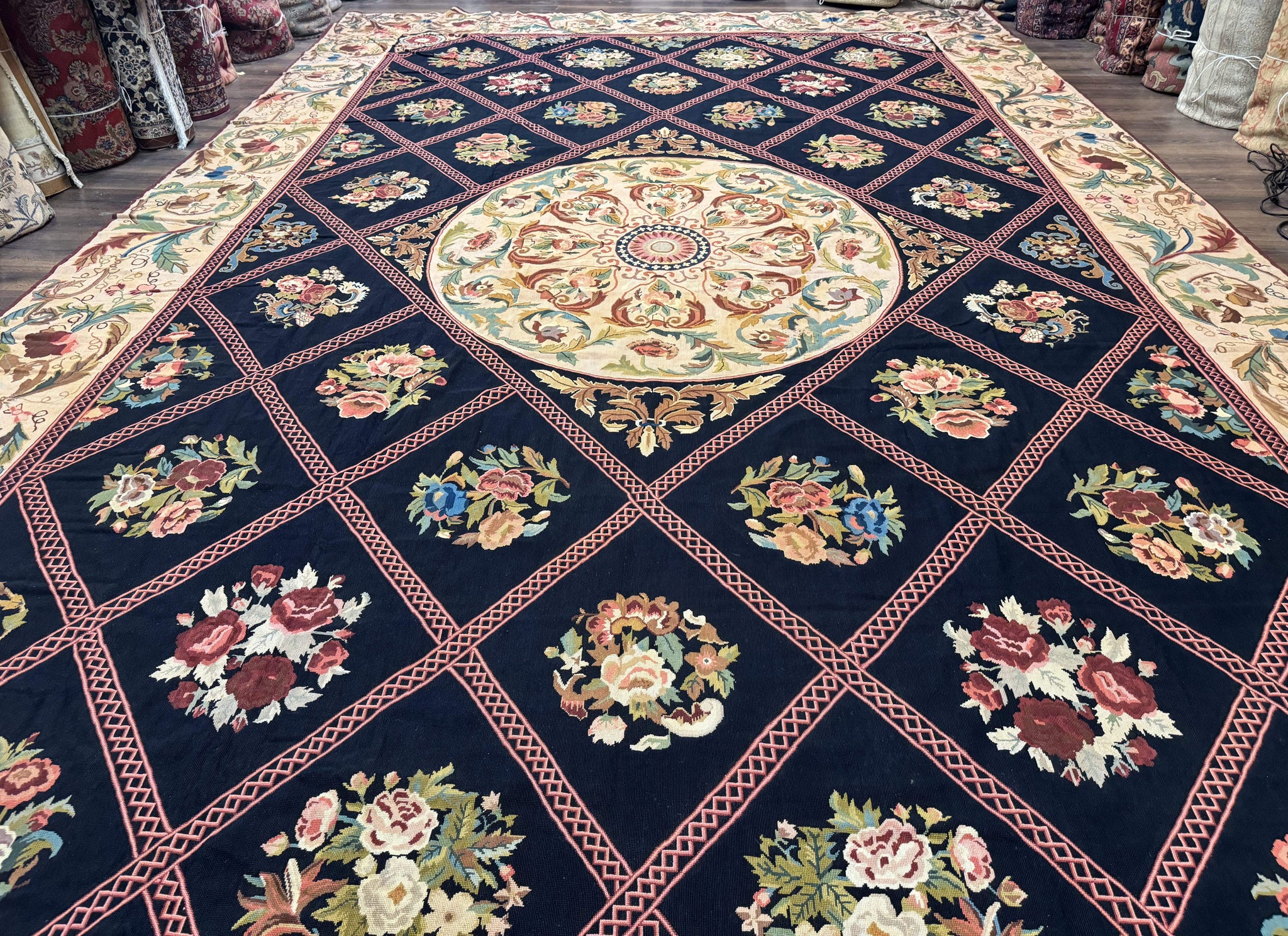 Palace Size Needlepoint Rug 12x20, European French English Aubusson Floral Design, Black and Beige by Jewel Rugs
