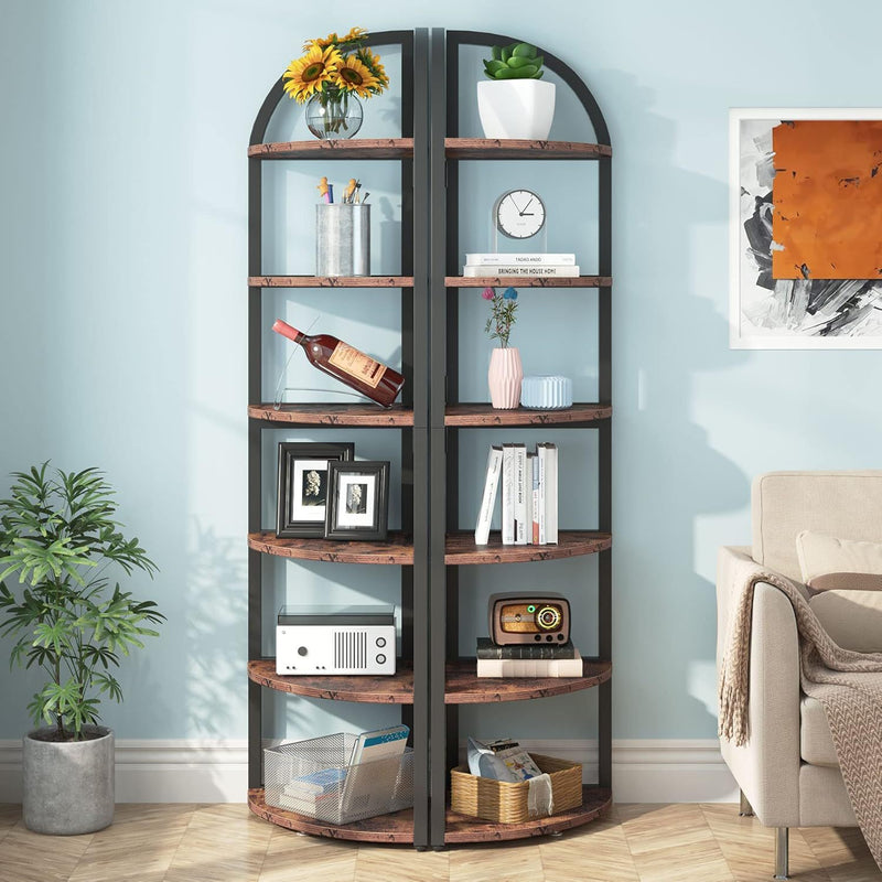 Tall 6 Tier Corner Shelf, Freestanding Bookshelf For Living Room - Rustic Brown by HouseOfZazla