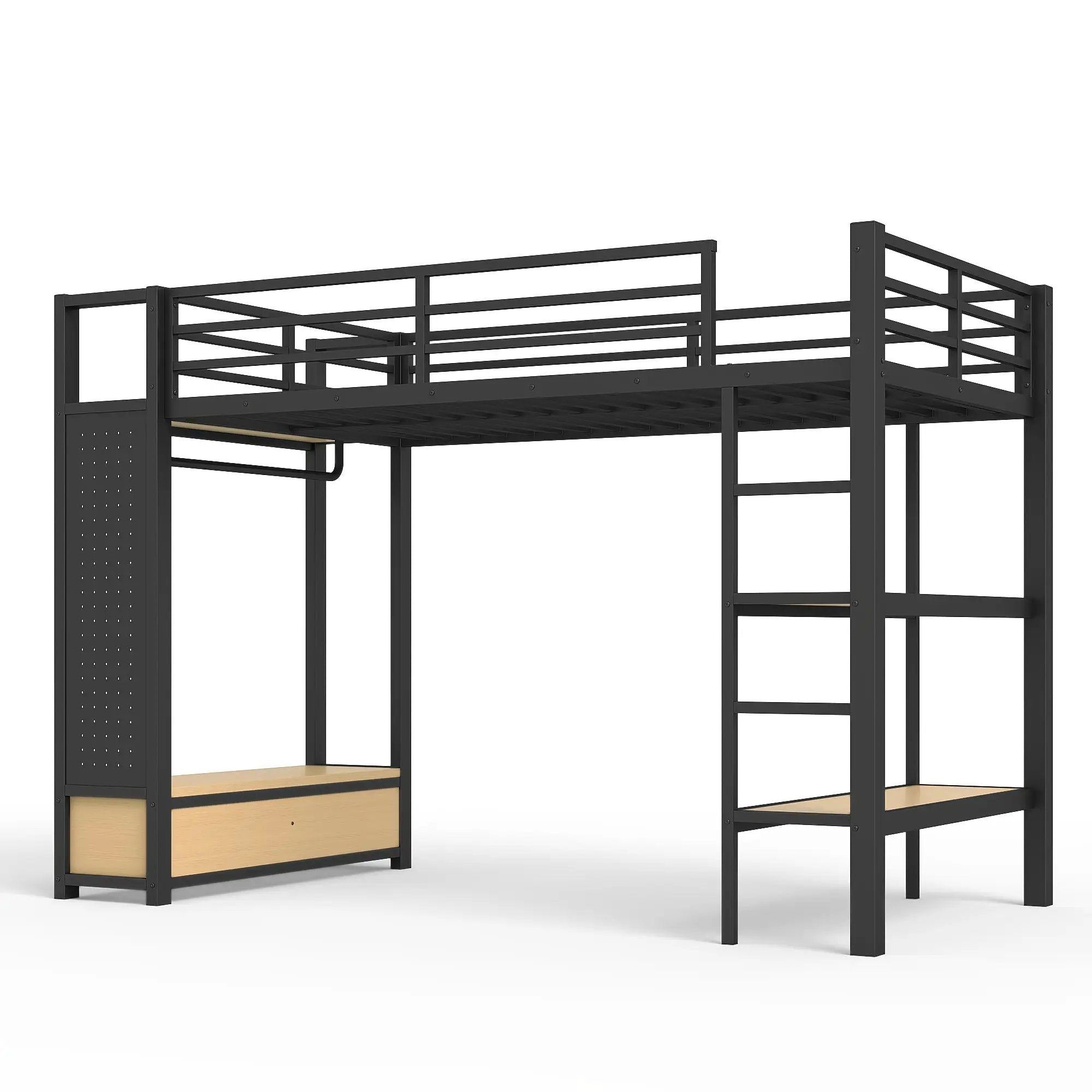 Twin XL Size Loft Bed Frame with Wardrobe and Shelves by HouseOfZazla