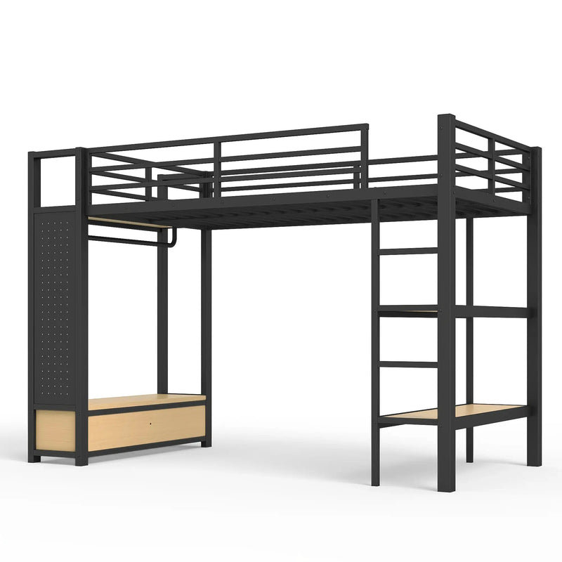 Twin XL Size Loft Bed Frame with Wardrobe and Shelves by HouseOfZazla